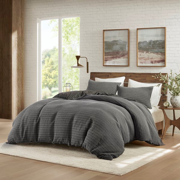 WR12-4044 Lyon Waffle Washed Duvet Set, Charcoal - Full & Queen Size