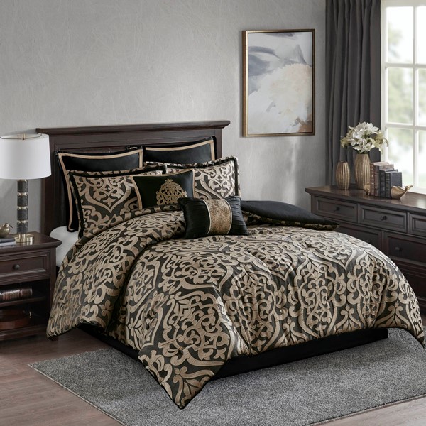MP10-8725 Odette Jacquard Comforter Set, Black - Queen Size - 8 Piece