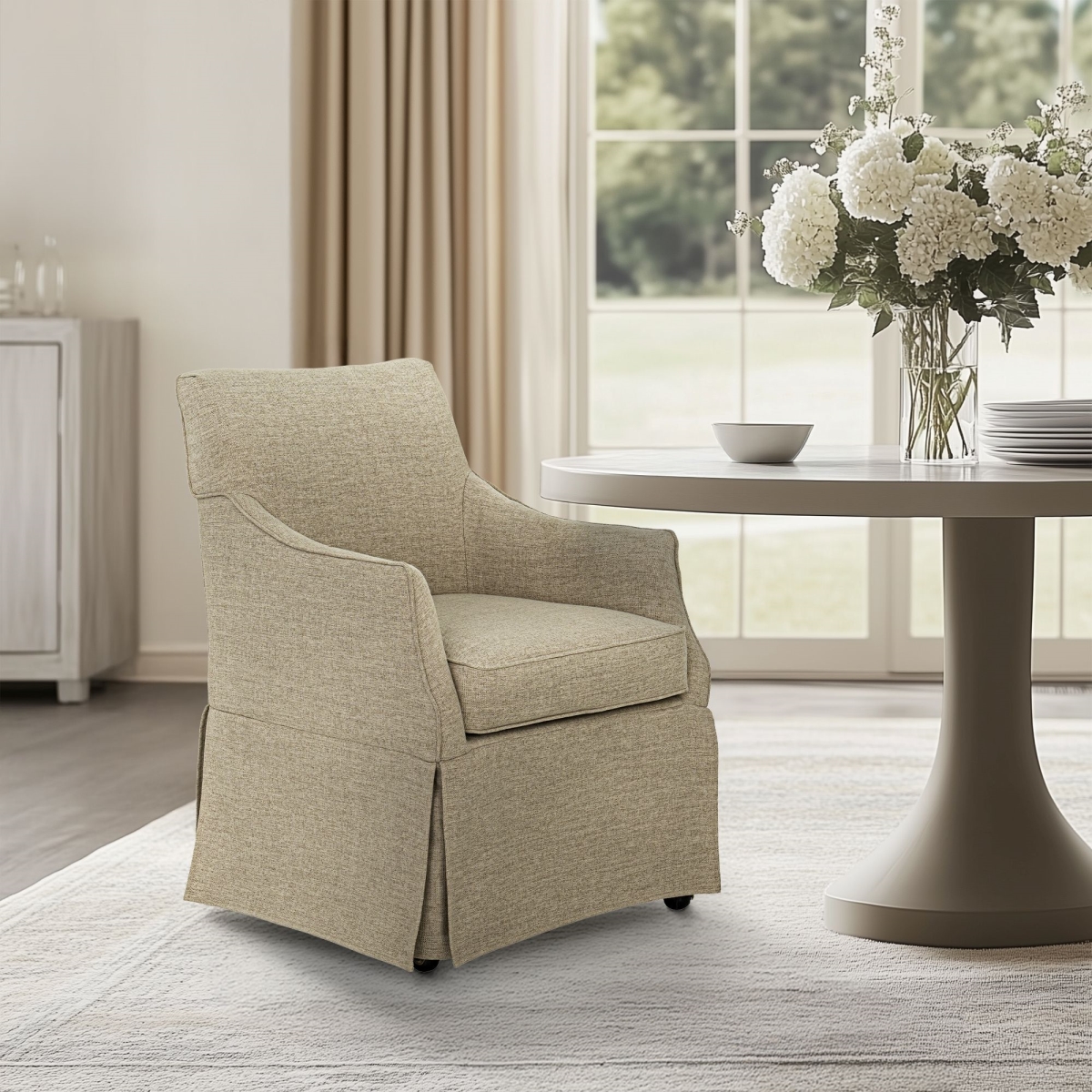 Picture of Martha Stewart MT108-0181 Upholstered Skirted Dining Arm Chair with Hidden Casters&#44; Beige