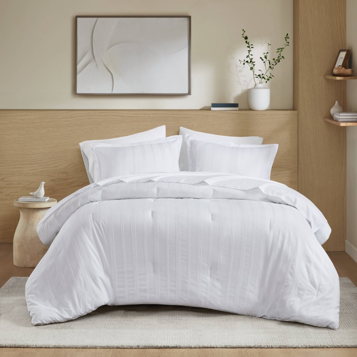 AM10-0571 Woven Striped Comforter Set, White - King Size