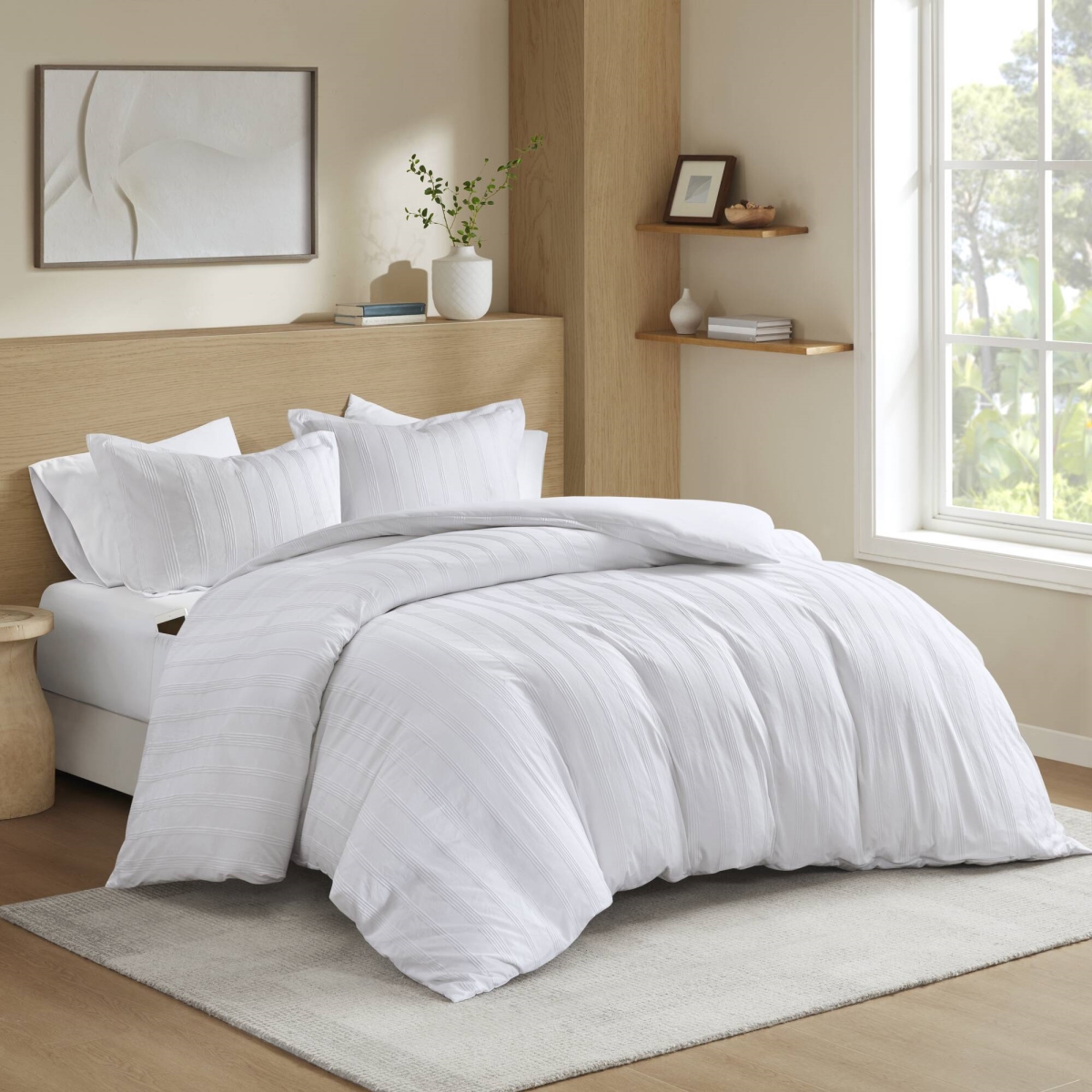 AM12-0590 Woven Striped Duvet Set, White - Queen Size
