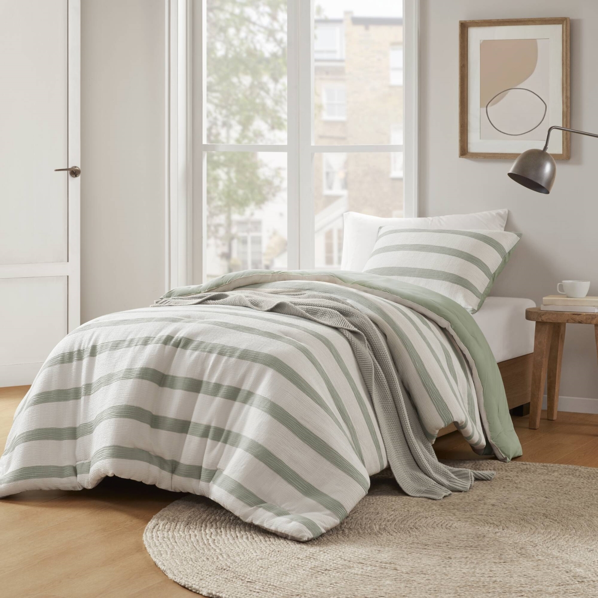 AM10-0611 Yarn-dyed Striped Comforter, Sage Green