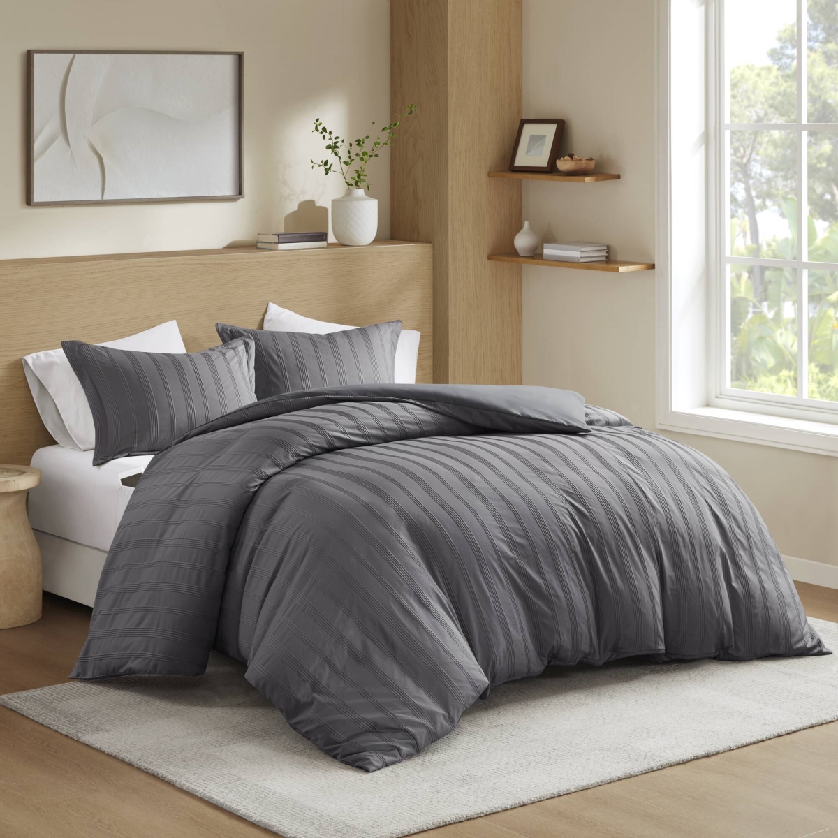 AM12-0581 Woven Striped Duvet Set, Charcoal - King Size