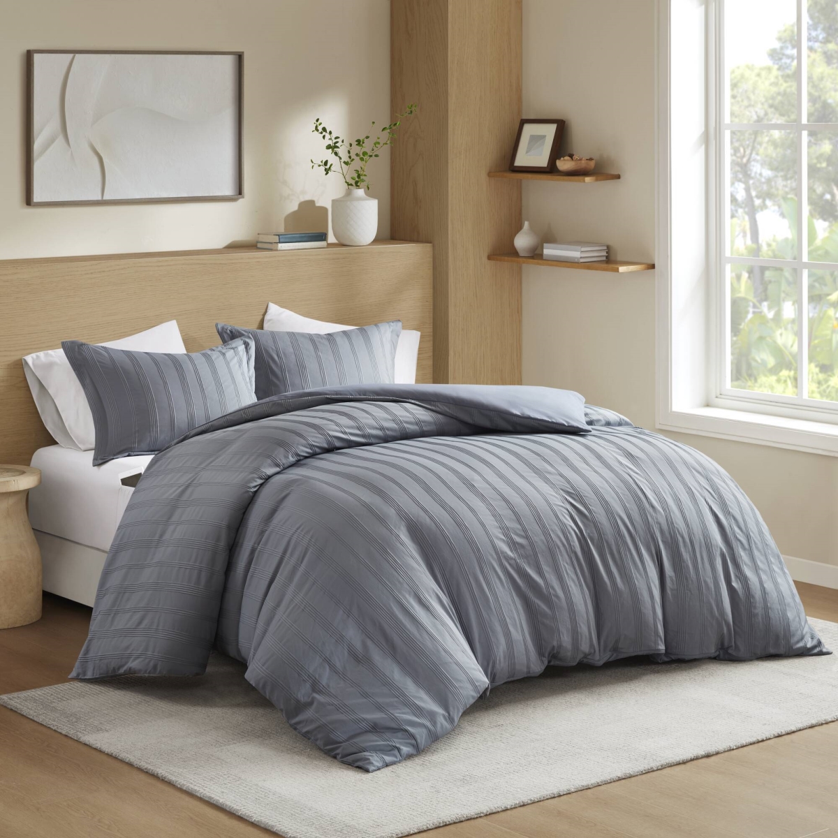 AM12-0574 Woven Striped Duvet Set, Blue & Gray - Full Size