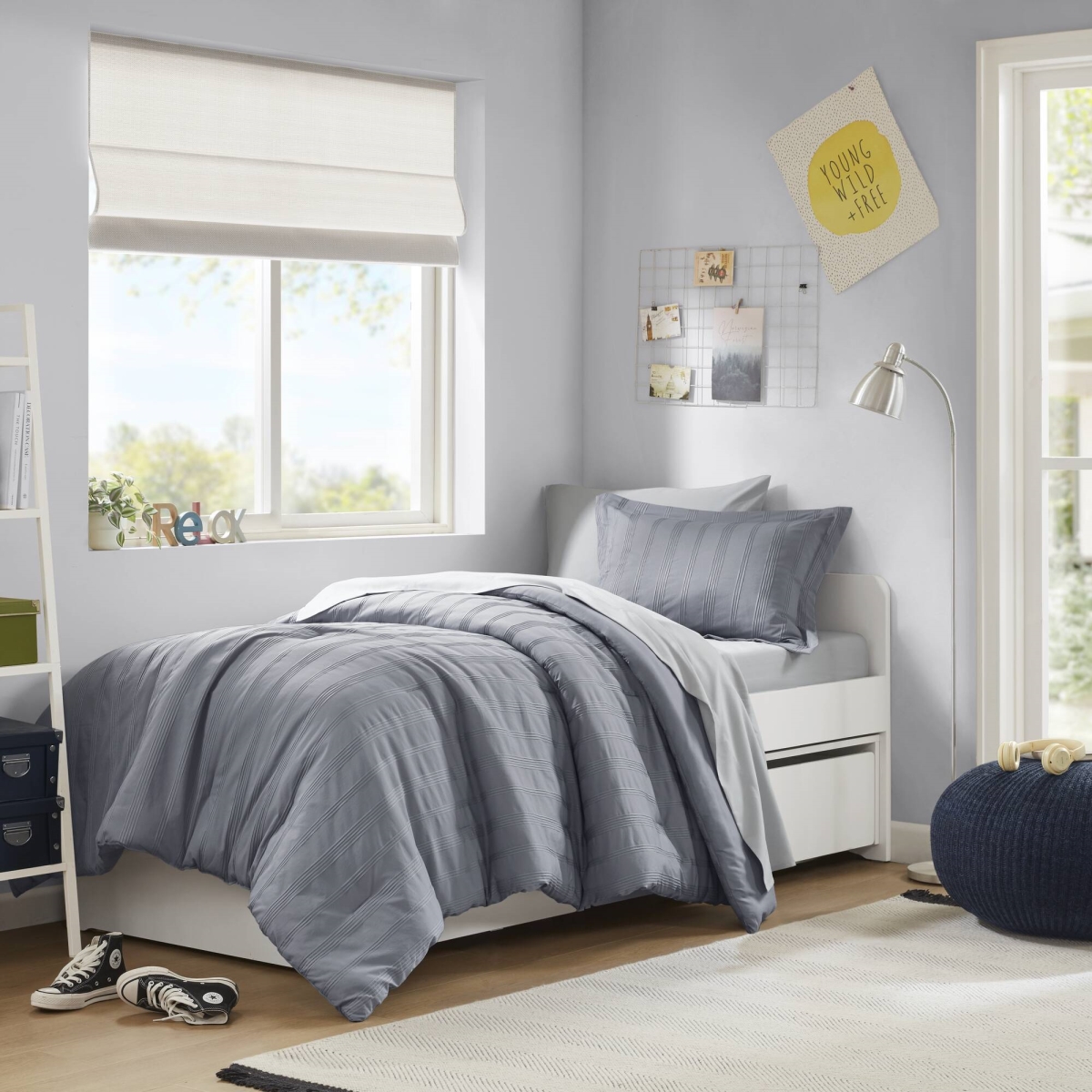AM10-0553 Woven Striped Comforter Set, Blue & Gray - Twin & Twin Extra Large