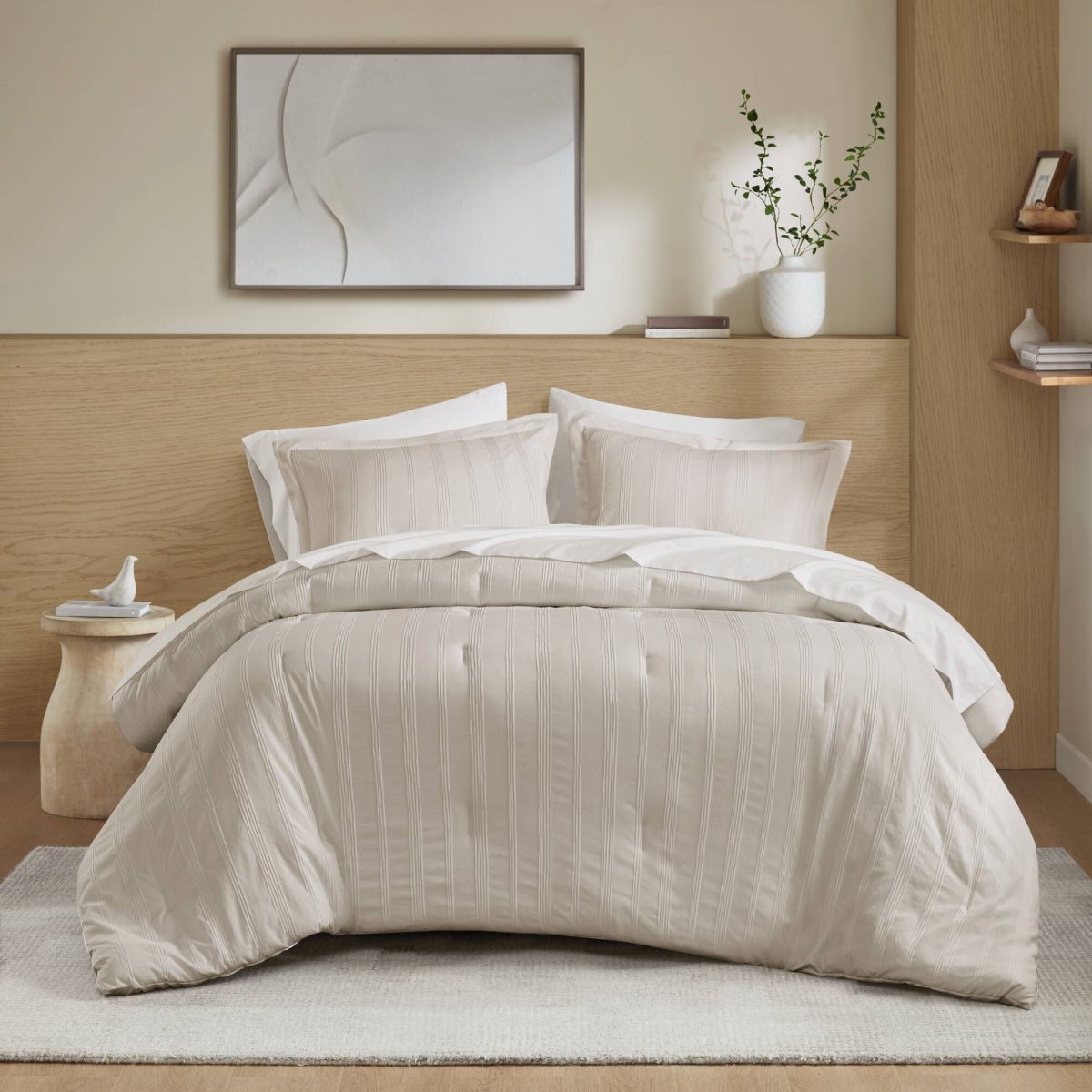 AM10-0566 Woven Striped Comforter Set, Neutral - King Size