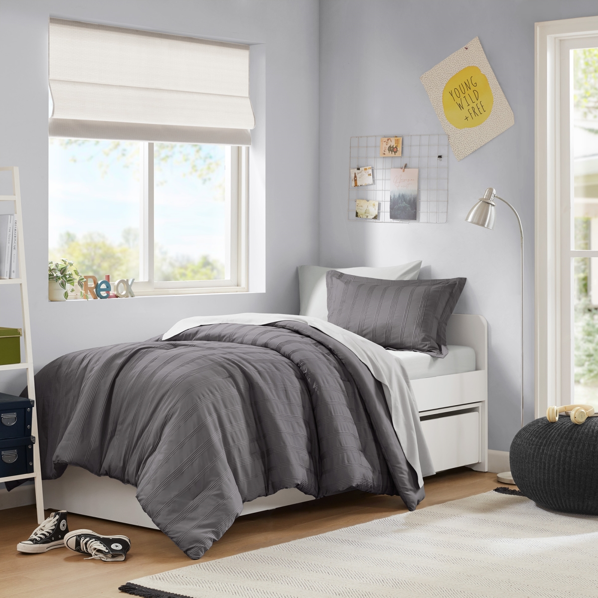 AM10-0558 Woven Striped Comforter Set, Charcoal - Twin & Twin Extra Large