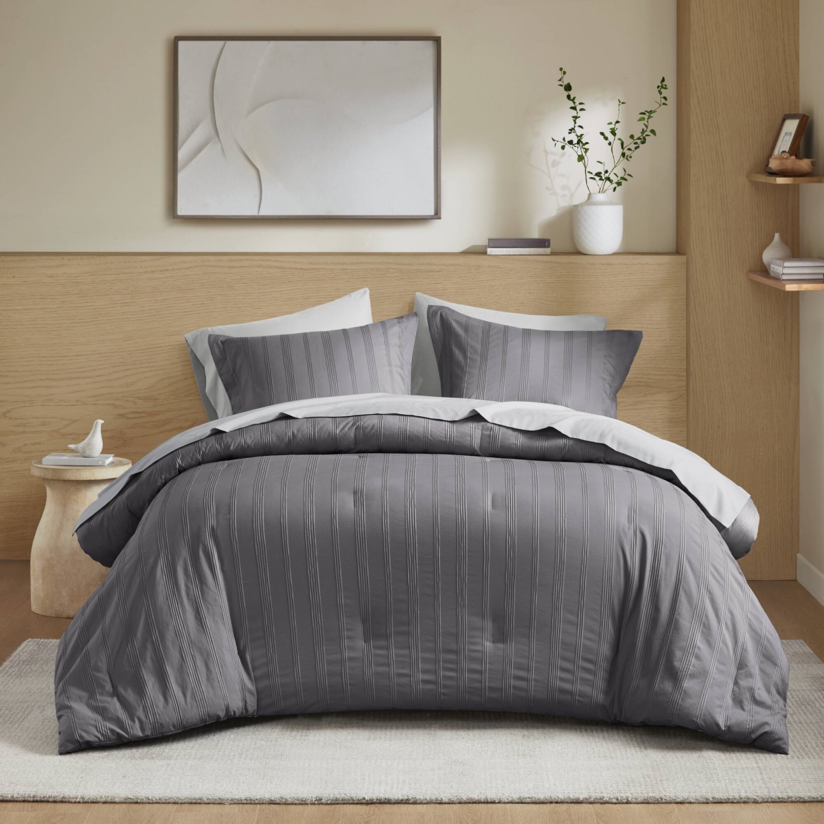 AM10-0561 Woven Striped Comforter Set, Charcoal - King Size