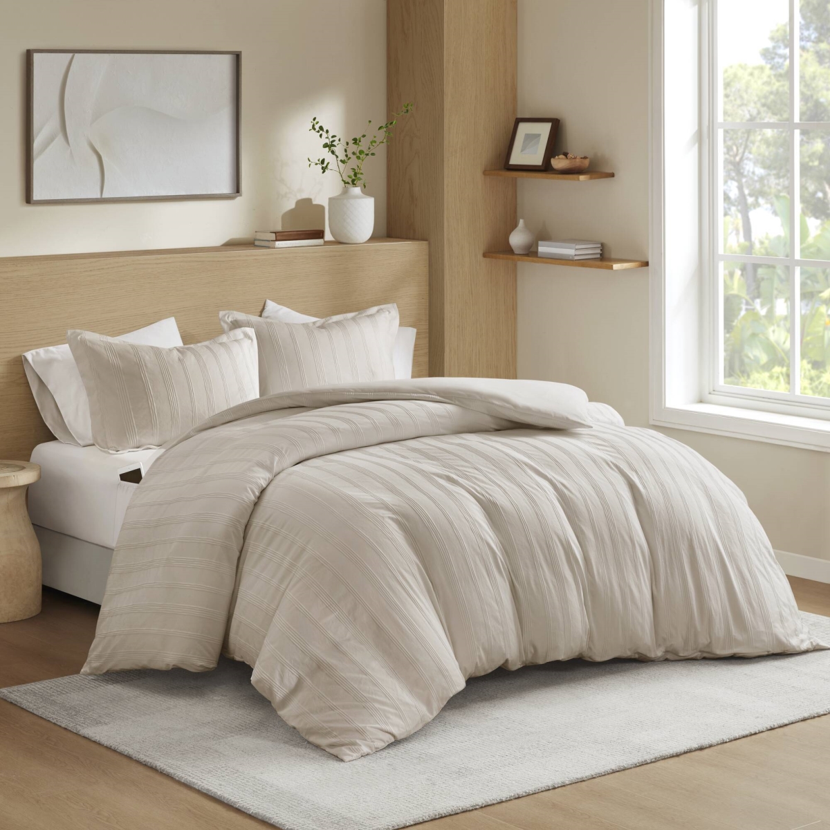 AM12-0586 Woven Striped Duvet Set, Neutral - King Size
