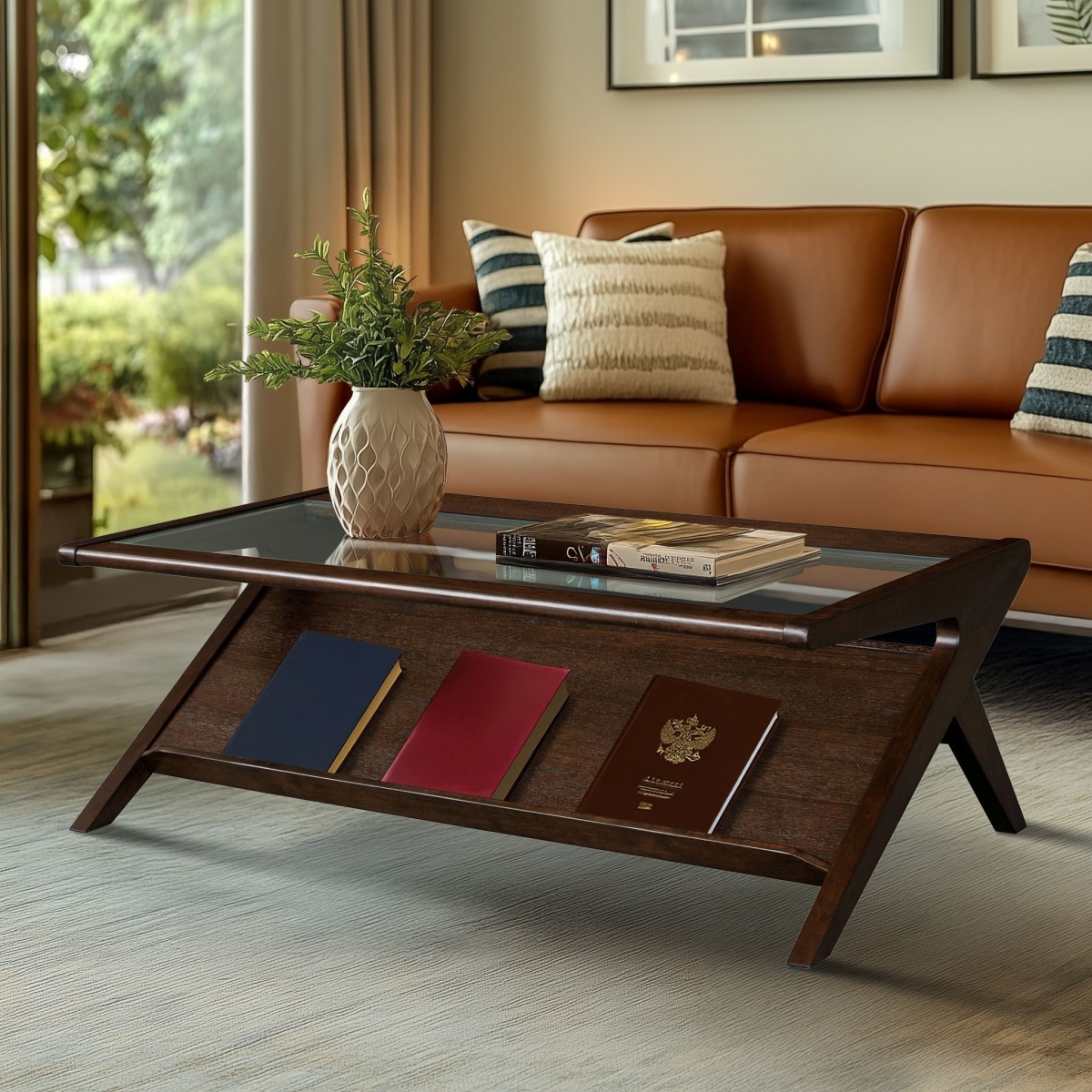 II1200608 wood & tempered glass coffee table