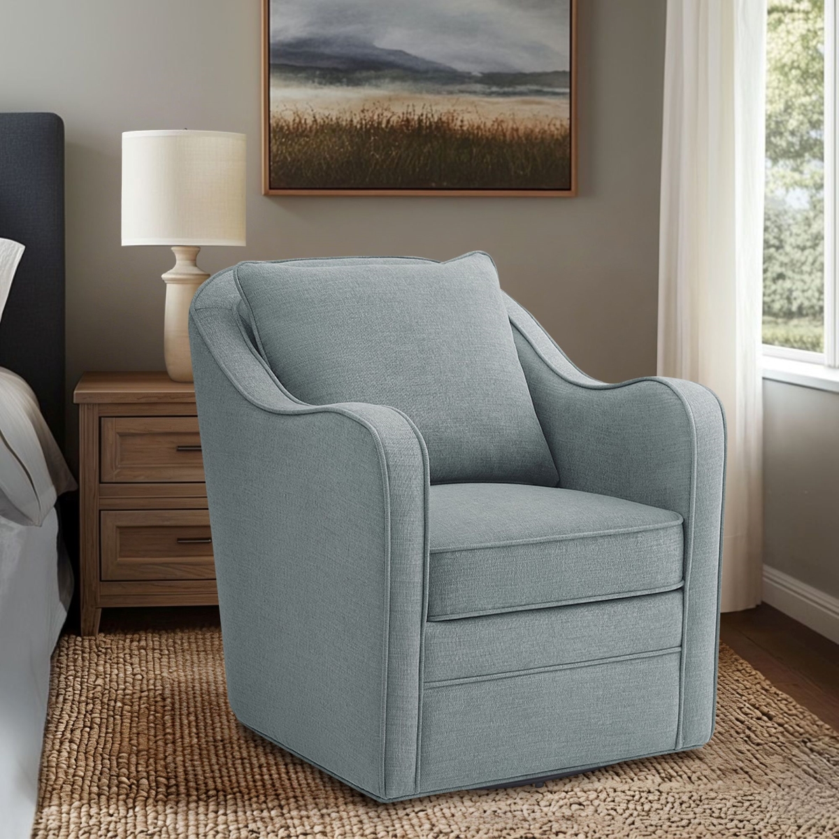 MP103-1298 Brianne Upholstered Swivel Curved Armchair, Blue - One Size