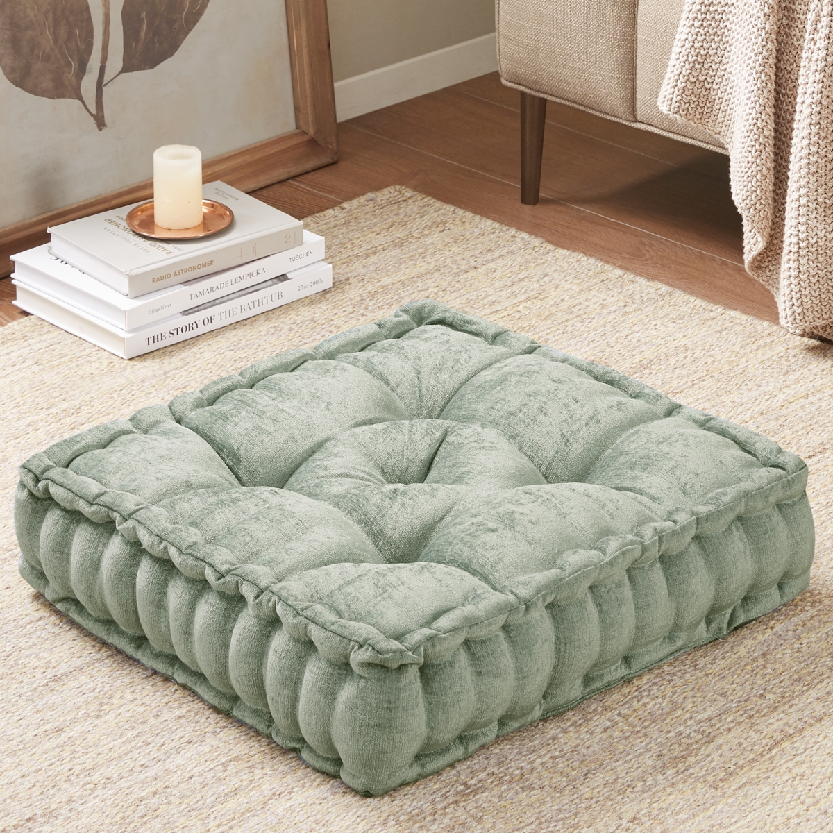 ID31-2480 20 x 20 in. Azza Poly Chenille Square Floor Pillow Cushion, Desert Sage