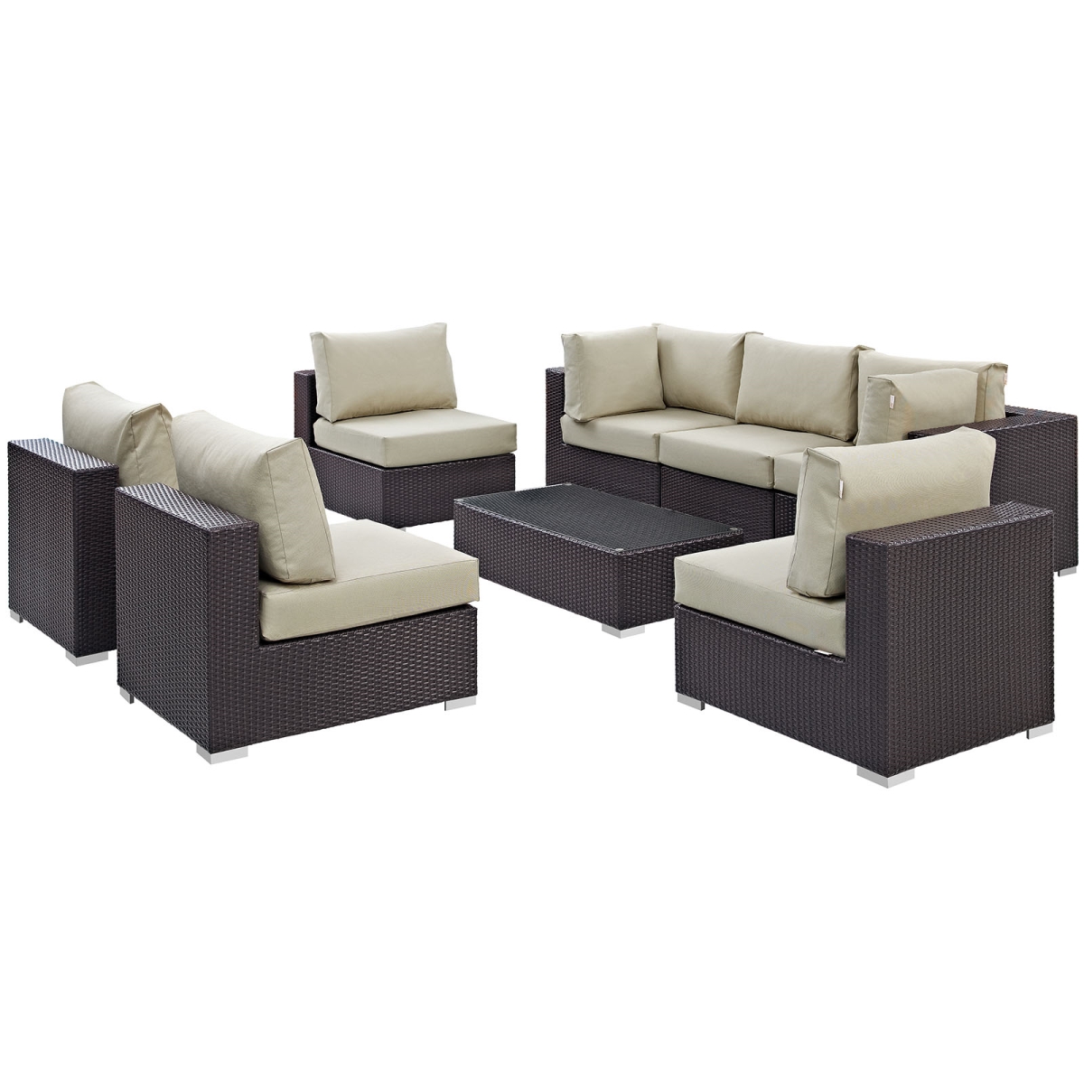 Modway EEI-2205-EXP-BEI-SET 33.5 H x 226 W x 64 L in. Convene Outdoor Patio Sectional Set, Expresso & Beige - 8 Piece -  Modway Furniture