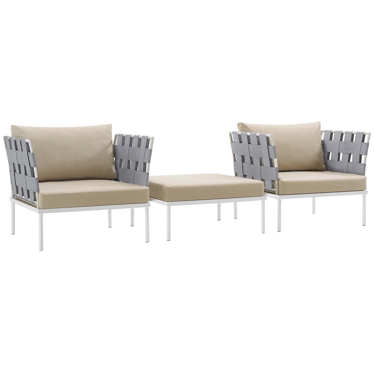 EEI-2618-WHI-BEI-SET 15.5 x 31.5 x 31.5 in. Harmony Outdoor Patio Aluminum Sectional Sofa Set - White & Beige, 3 Piece