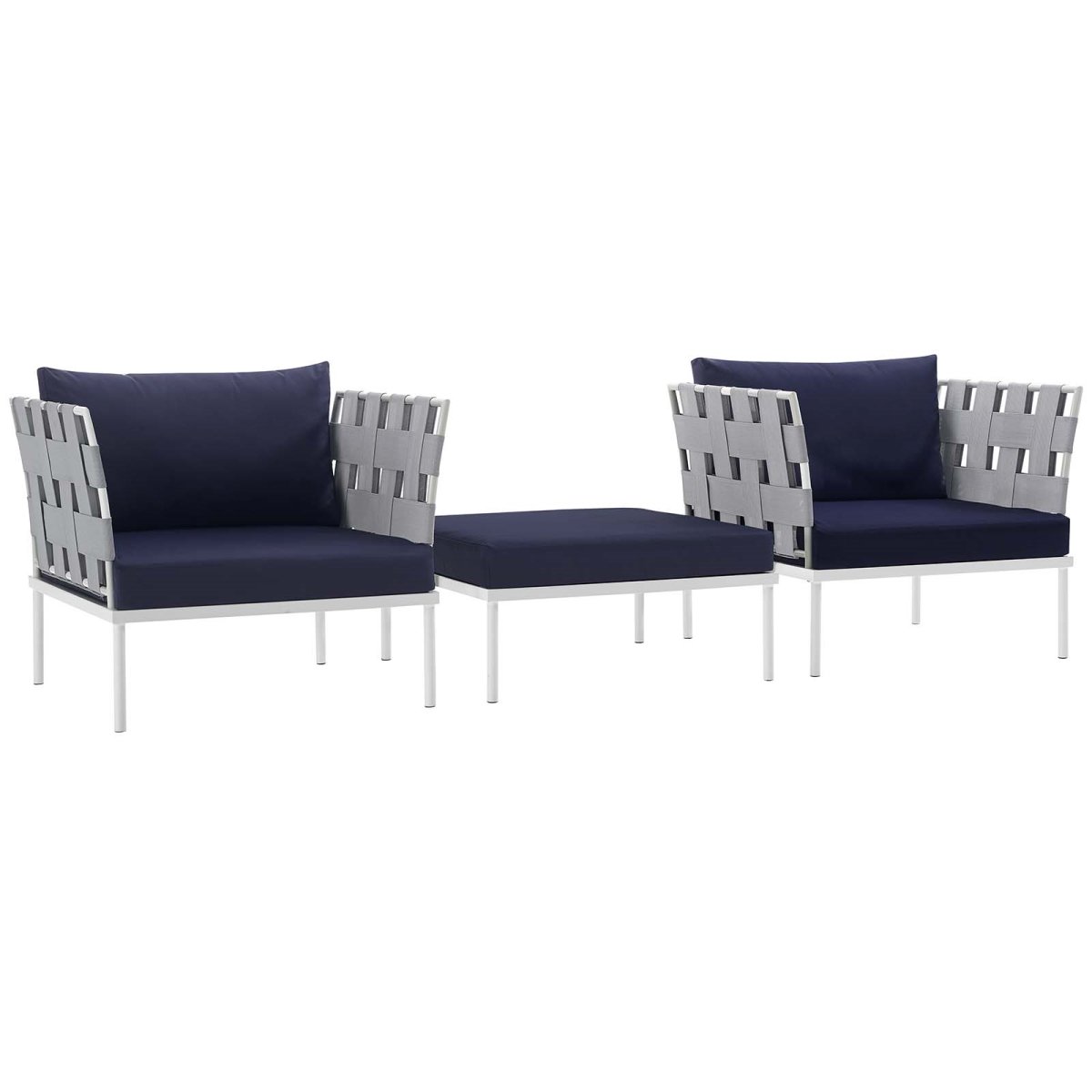 EEI-2618-WHI-NAV-SET 15.5 x 31.5 x 31.5 in. Harmony Outdoor Patio Aluminum Sectional Sofa Set - White & Navy, 3 Piece -  Modway Furniture