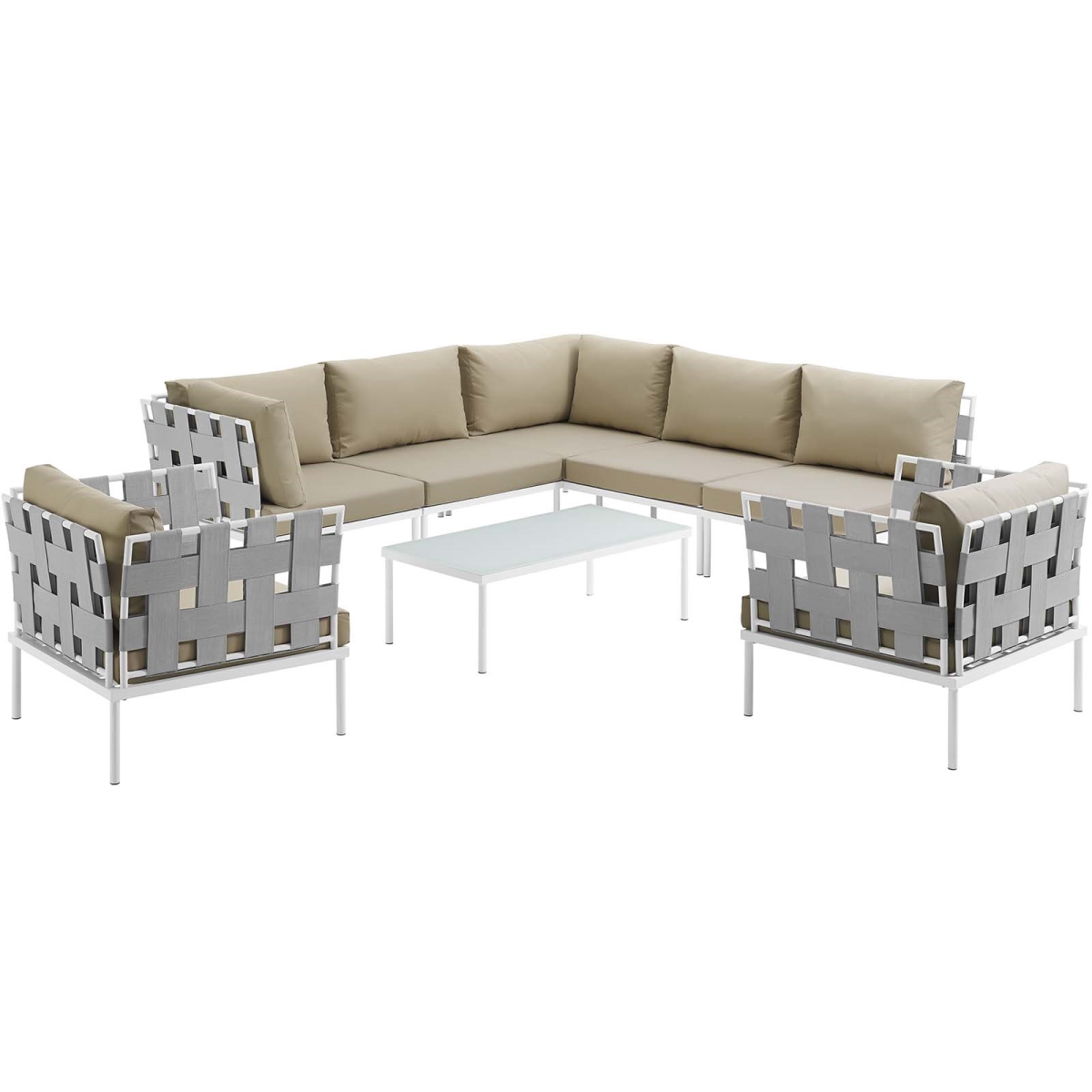 EEI-2619-WHI-BEI-SET 15.5 x 31.5 x 31.5 in. Harmony Outdoor Patio Aluminum Sectional Sofa Set - White & Beige, 8 Piece -  Modway Furniture