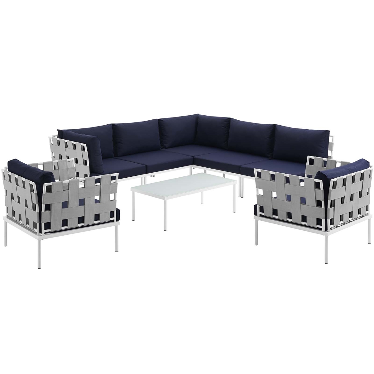 EEI-2619-WHI-NAV-SET 15.5 x 31.5 x 31.5 in. Harmony Outdoor Patio Aluminum Sectional Sofa Set - White & Navy, 8 Piece -  Modway Furniture