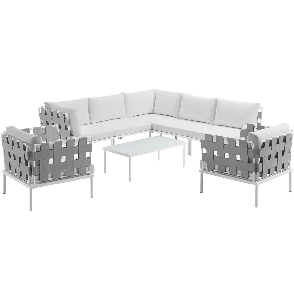 EEI-2619-WHI-WHI-SET 15.5 x 31.5 x 31.5 in. Harmony Outdoor Patio Aluminum Sectional Sofa Set - White & White, 8 Piece -  Modway Furniture