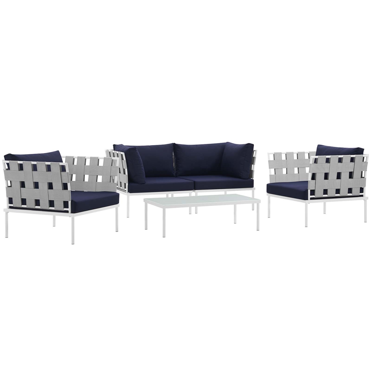 EEI-2623-WHI-NAV-SET 15.5 x 31.5 x 31.5 in. Harmony Outdoor Patio Aluminum Sectional Sofa Set - White & Navy, 5 Piece -  Modway Furniture