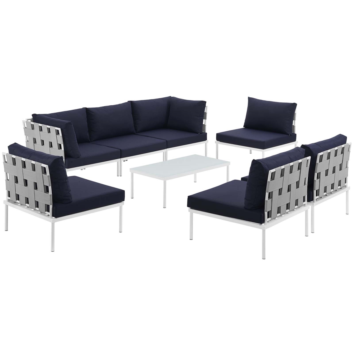 EEI-2625-WHI-NAV-SET 15.5 x 31.5 x 31.5 in. Harmony Outdoor Patio Aluminum Sectional Sofa Set - White & Navy, 8 Piece -  Modway Furniture