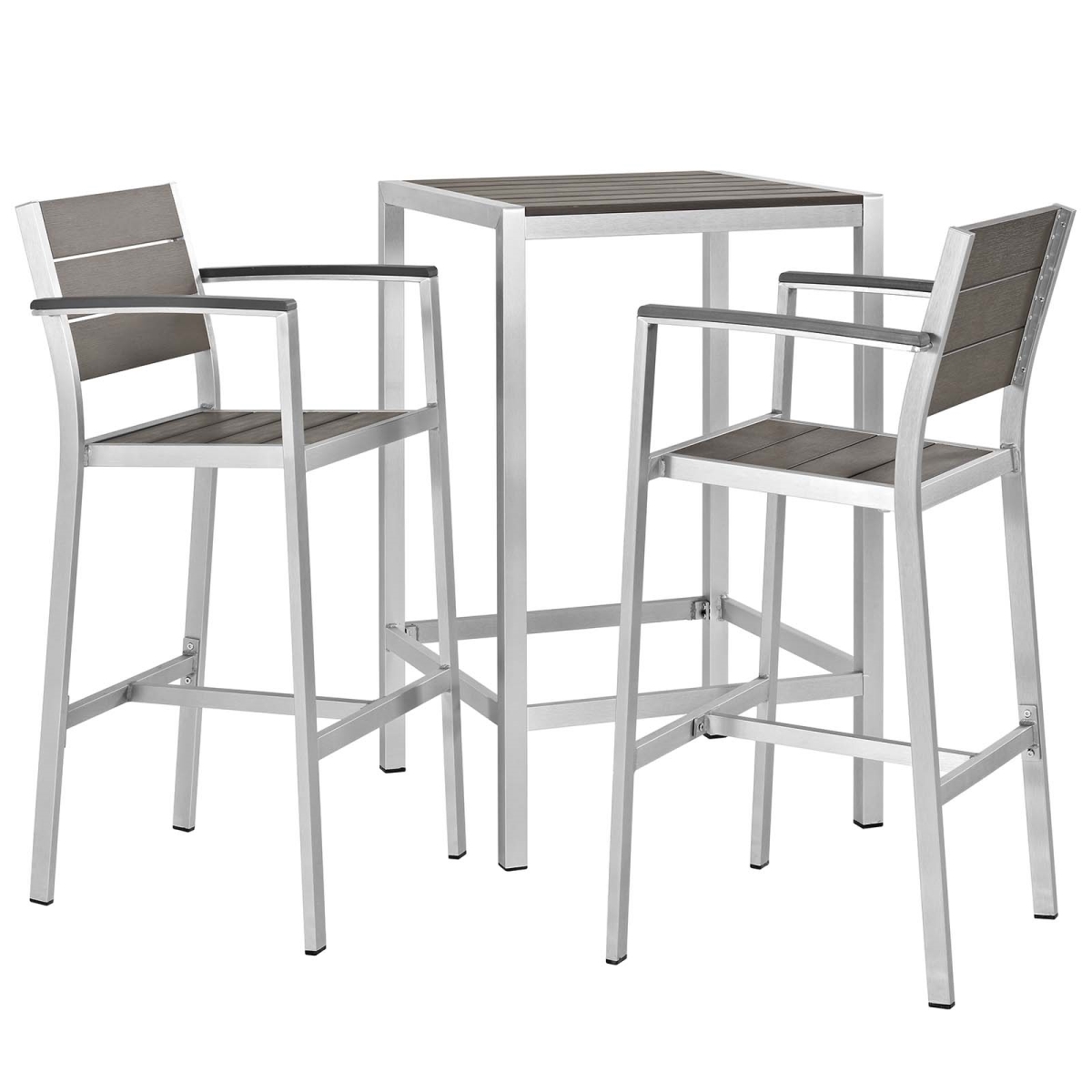 EEI-3157-SLV-GRY-SET 3 Piece Shore Outdoor Patio Aluminum Outdoor Pub Set - Silver Gray, 43.5 x 27.5 x 27.5 in.