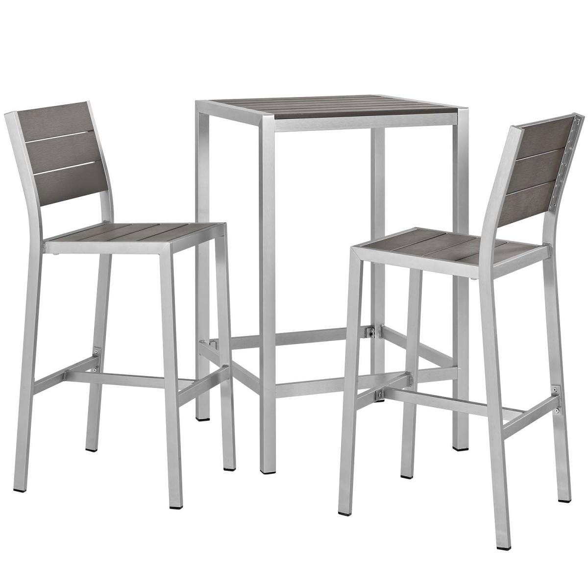 EEI-3158-SLV-GRY-SET 3 Piece Shore Outdoor Patio Aluminum Outdoor Pub Set - Silver Gray, 43.5 x 27.5 x 27.5 in.