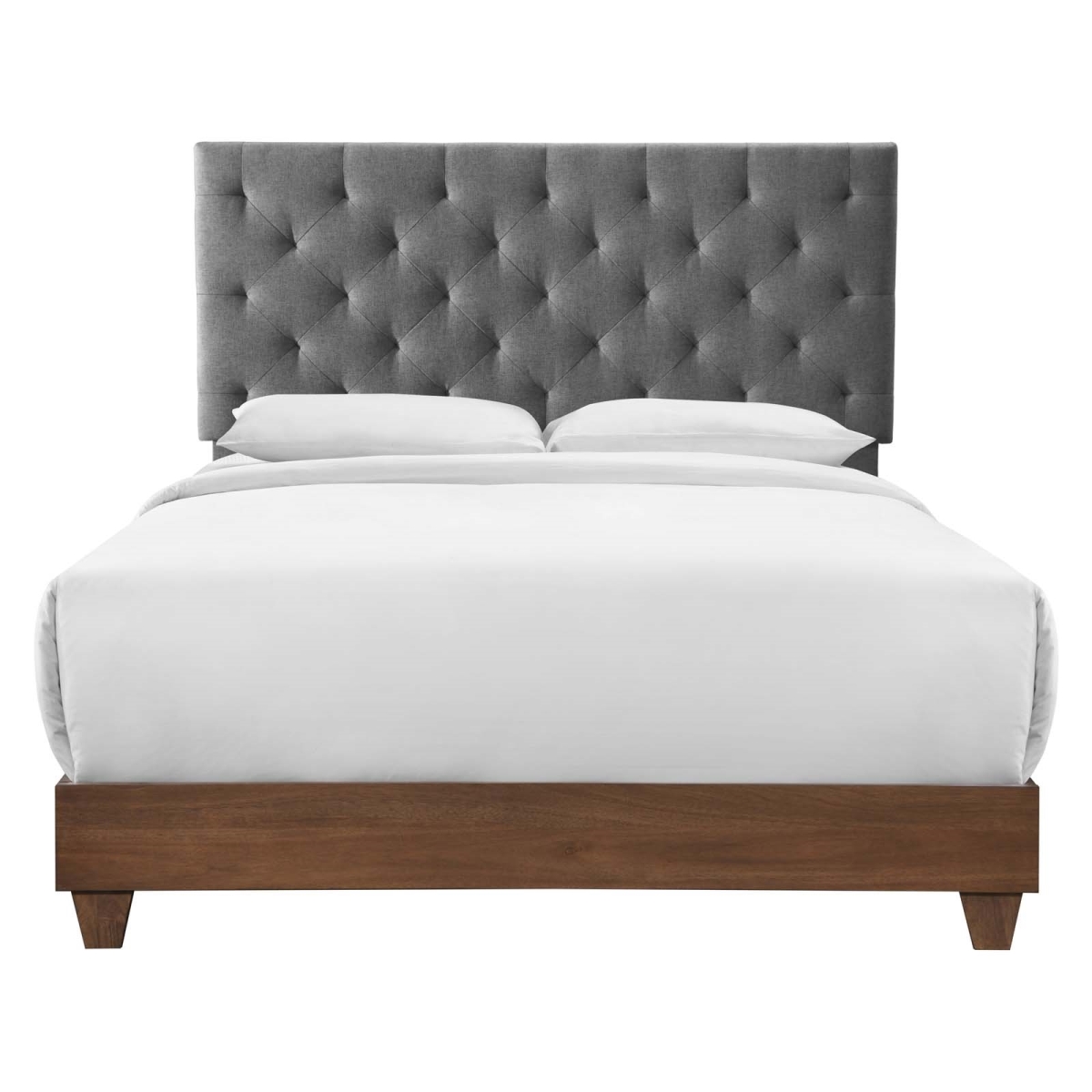 MOD-6146-WAL-GRY Rhiannon Diamond Tufted Upholstered Fabric Queen Bed - Walnut & Gray