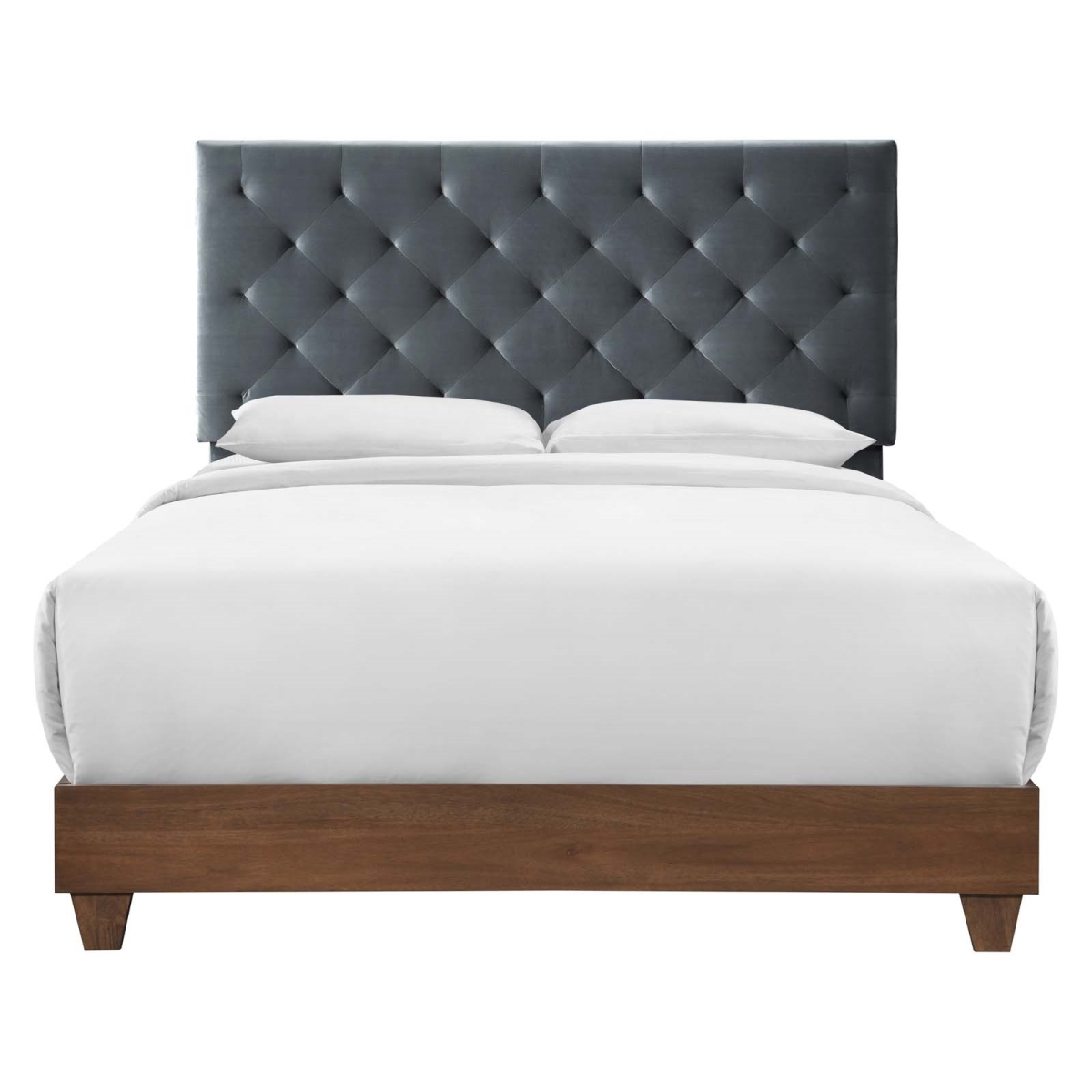 MOD-6147-WAL-CHA Rhiannon Diamond Tufted Upholstered Performance Velvet Queen Bed - Walnut & Charcoal