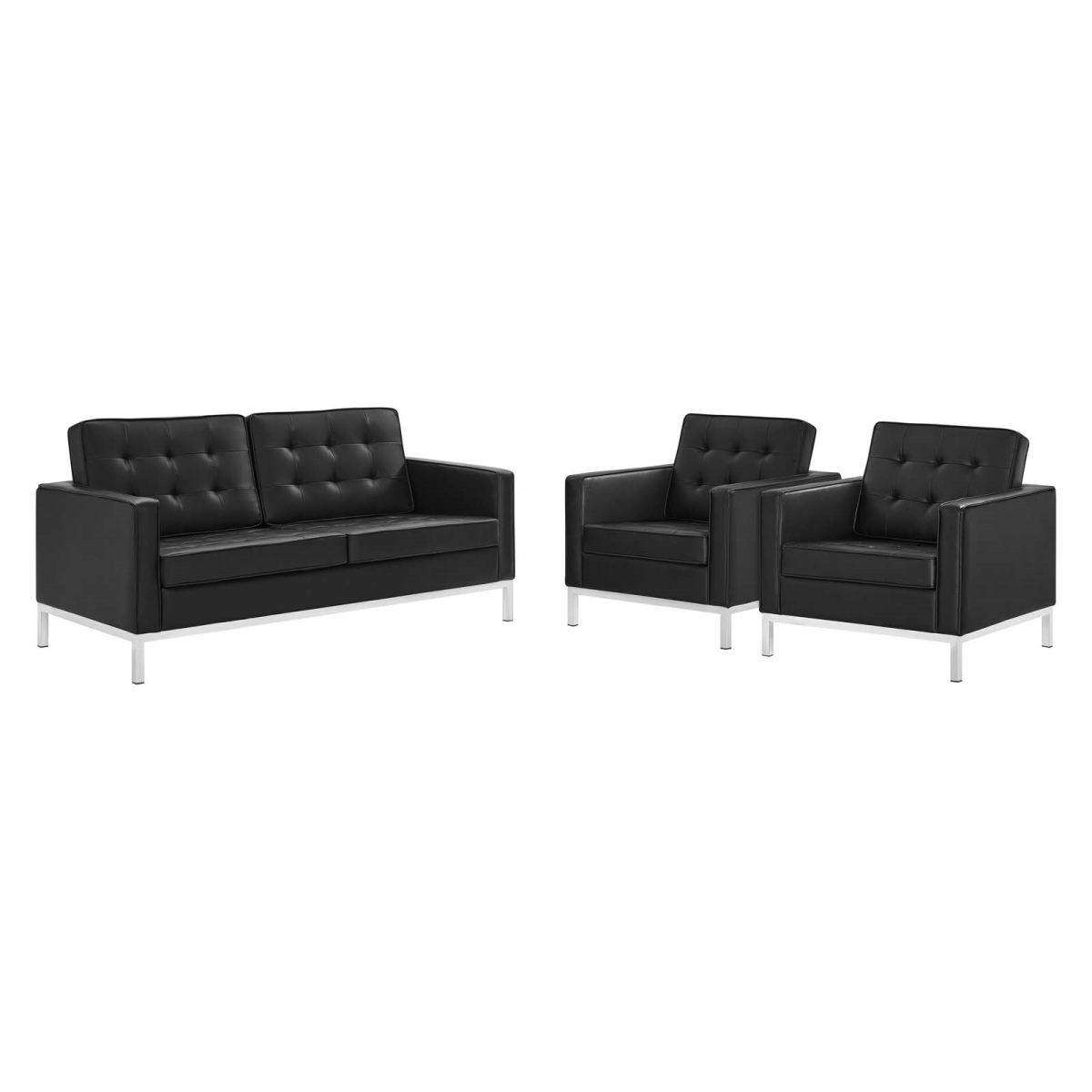 EEI-4103-SLV-BLK-SET Loft Tufted Upholstered Faux Leather Set, Silver & Black - 3 Piece