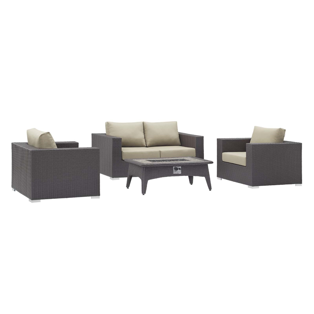 EEI-3725-EXP-BEI-SET 24 in. Convene Outdoor Patio Sofa Set with Fire Pit Table, Espresso Beige - 4 Piece