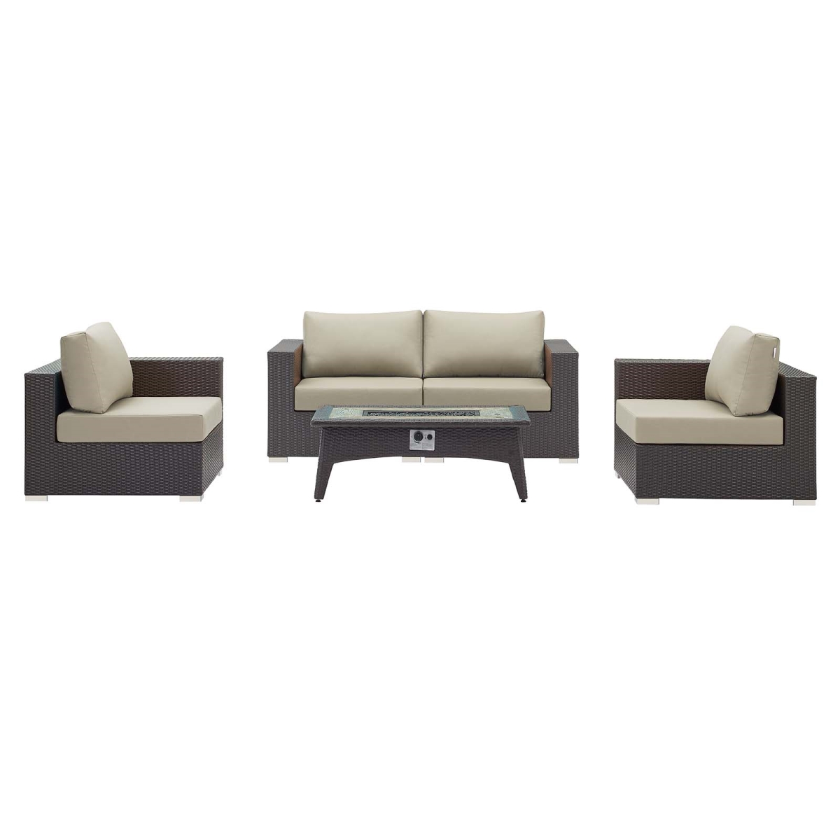 EEI-3728-EXP-BEI-SET 35 in. Convene Outdoor Patio Sofa Set with Fire Pit Table, Espresso Beige - 5 Piece