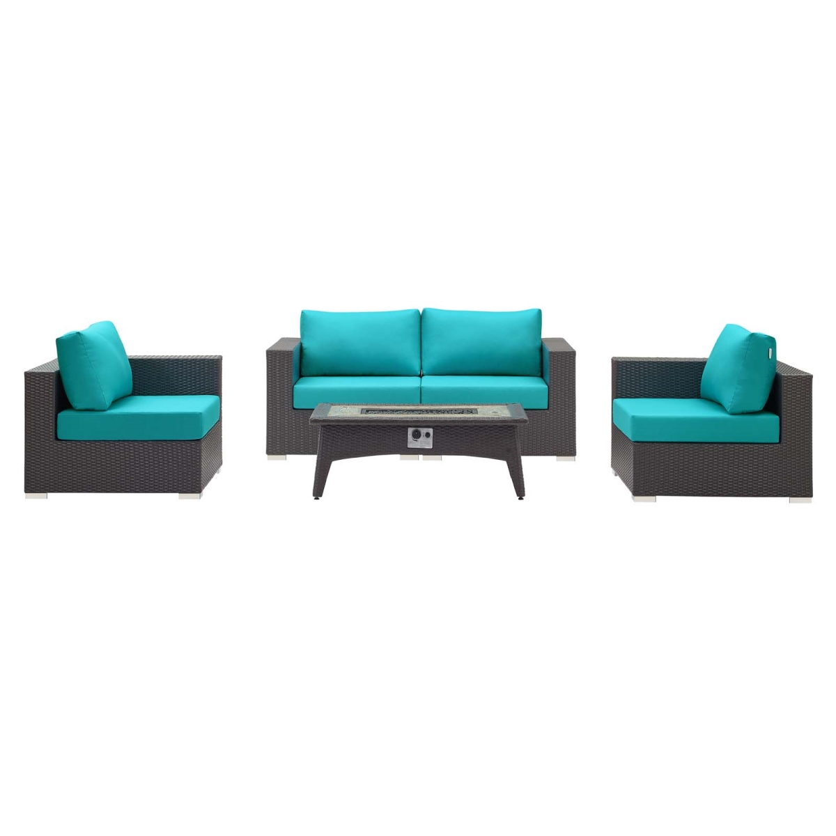 EEI-3728-EXP-TRQ-SET 35 in. Convene Outdoor Patio Sofa Set with Fire Pit Table, Espresso Turquoise - 5 Piece