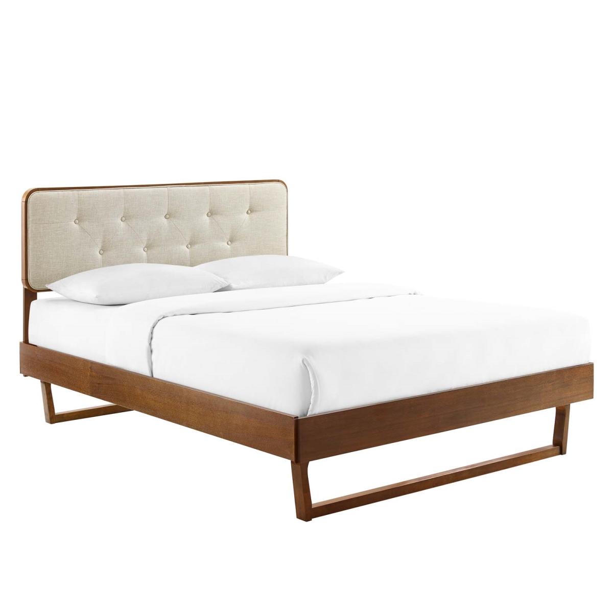 MOD-6643-WAL-BEI Bridgette Full Size Wood Platform Bed with Angular Frame, Walnut Beige