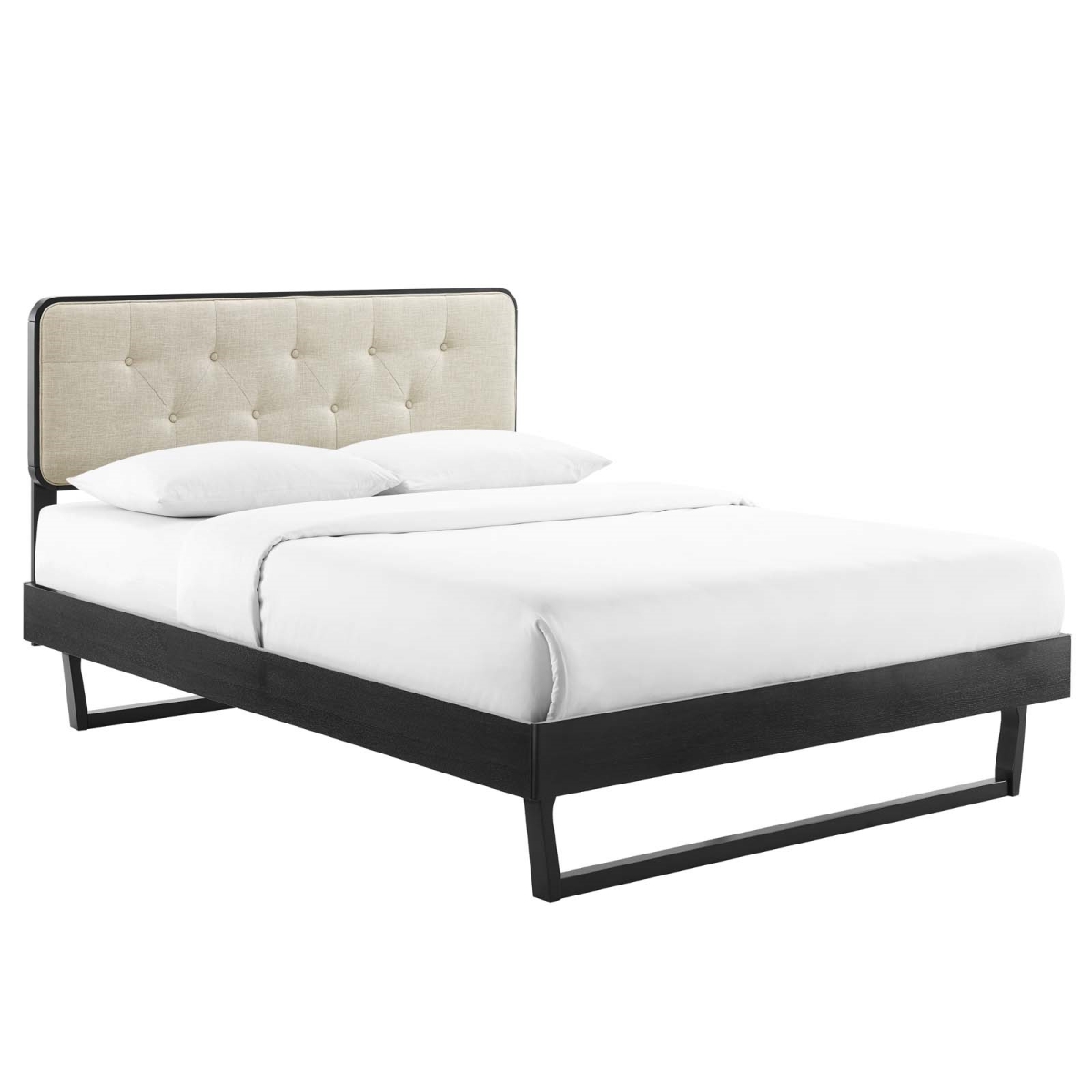 MOD-6643-BLK-BEI Bridgette Full Size Wood Platform Bed with Angular Frame, Black & Beige