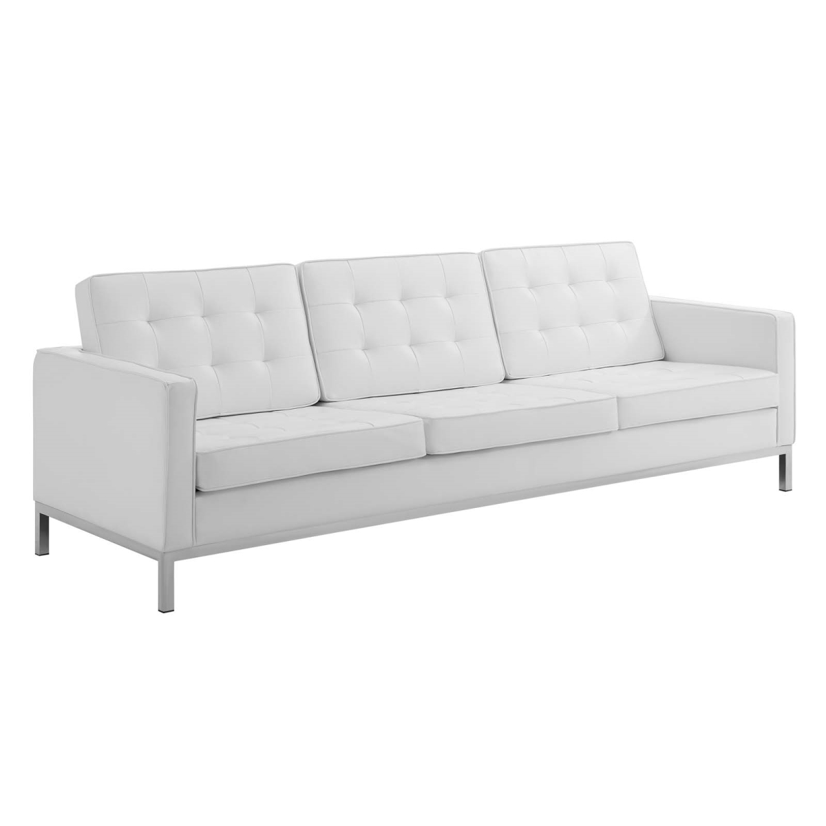 EEI-3385-SLV-WHI Loft Tufted Upholstered Faux Leather Sofa, Silver White