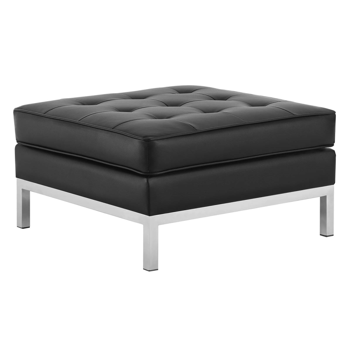 EEI-3394-SLV-BLK Loft Tufted Upholstered Faux Leather Ottoman, Silver & Black