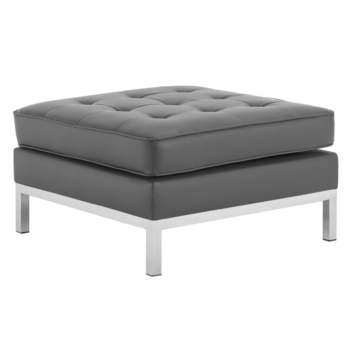 EEI-3394-SLV-GRY Loft Tufted Upholstered Faux Leather Ottoman, Silver & Gray
