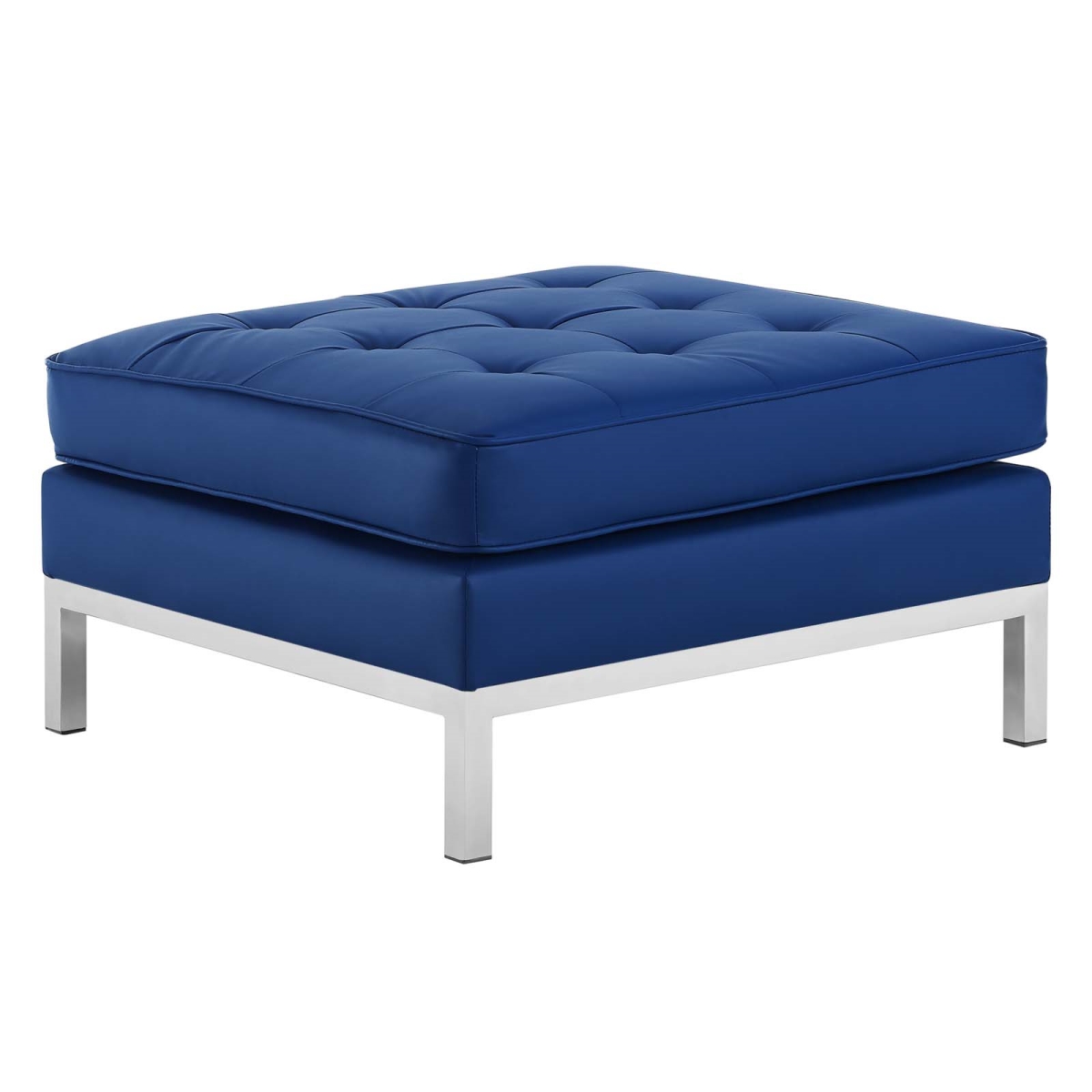 EEI-3394-SLV-NAV Loft Tufted Upholstered Faux Leather Button Ottoman, Silver Navy - 16 x 27.5 x 27.5 in.