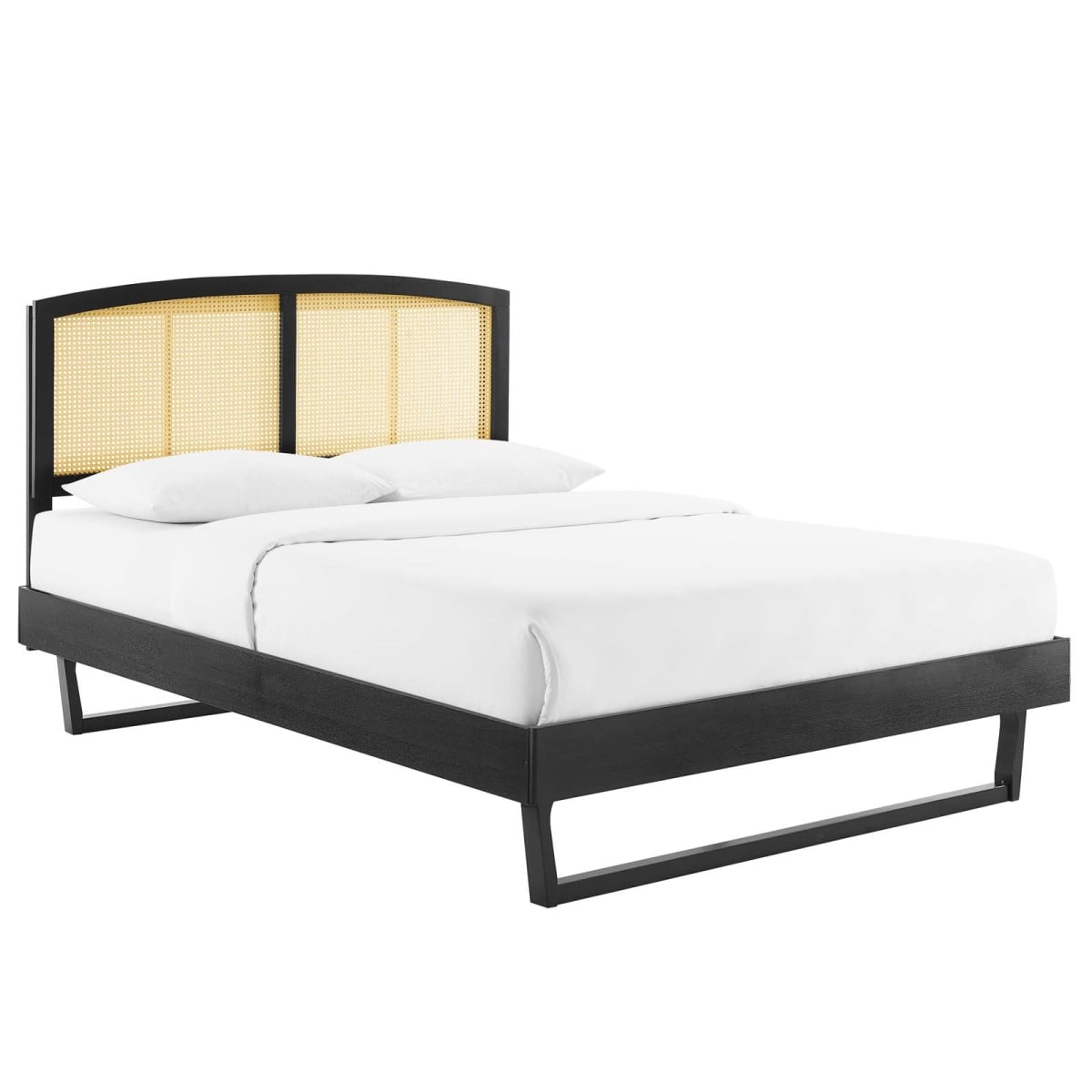 MOD-6699-BLK Sierra Cane & Wood Full Size Platform Bed with Angular Legs, Black