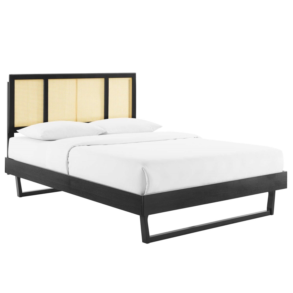 MOD-6697-BLK Kelsea Cane & Wood Platform Bed with Angular Legs, Black - King Size -  Modway Furniture