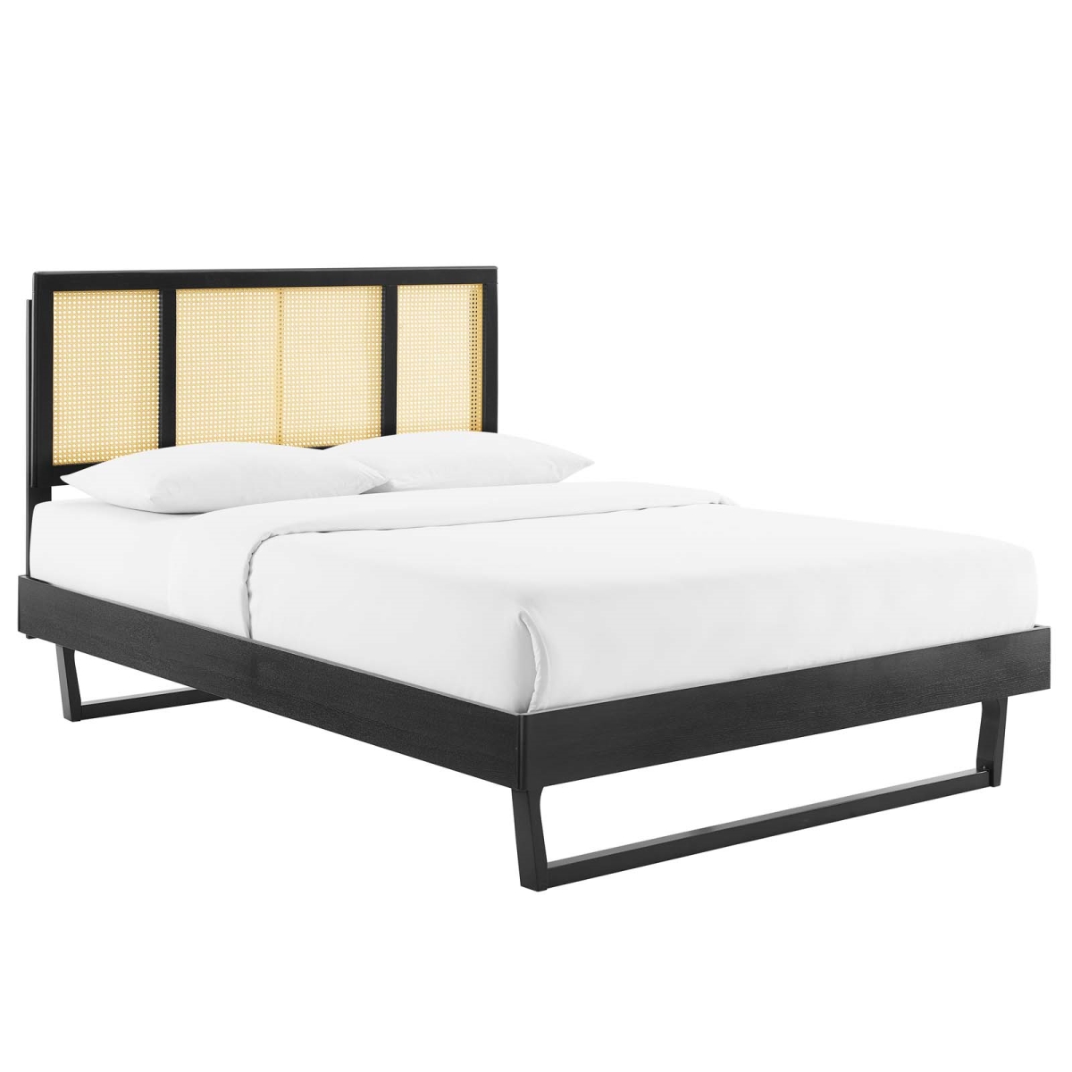 MOD-6695-BLK 79 in. Kelsea Cane & Wood Platform Bed with Angular Legs, Black - Full Size