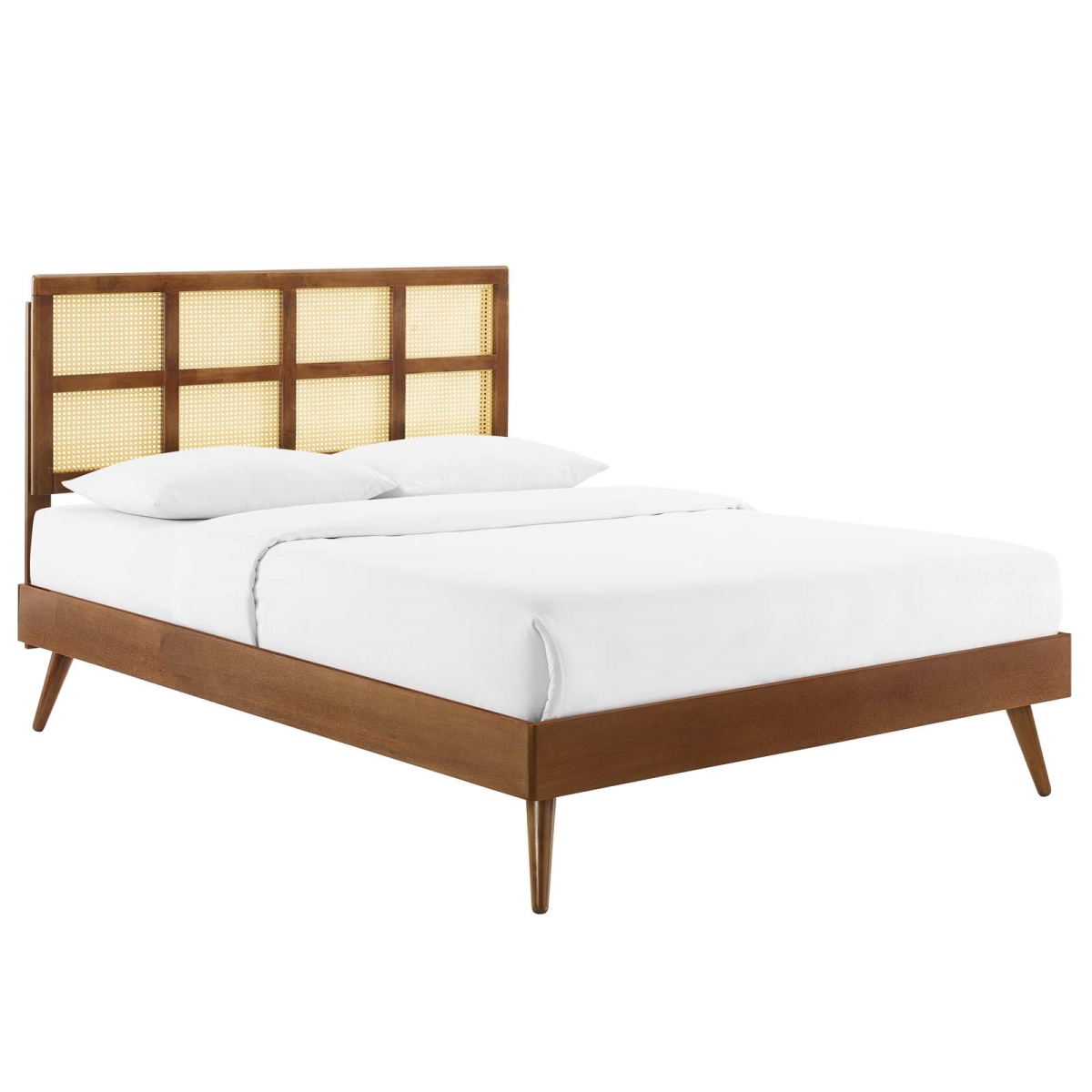 MOD-6694-WAL Sidney Cane & Wood Platform Bed with Splayed Legs, Walnut - King Size