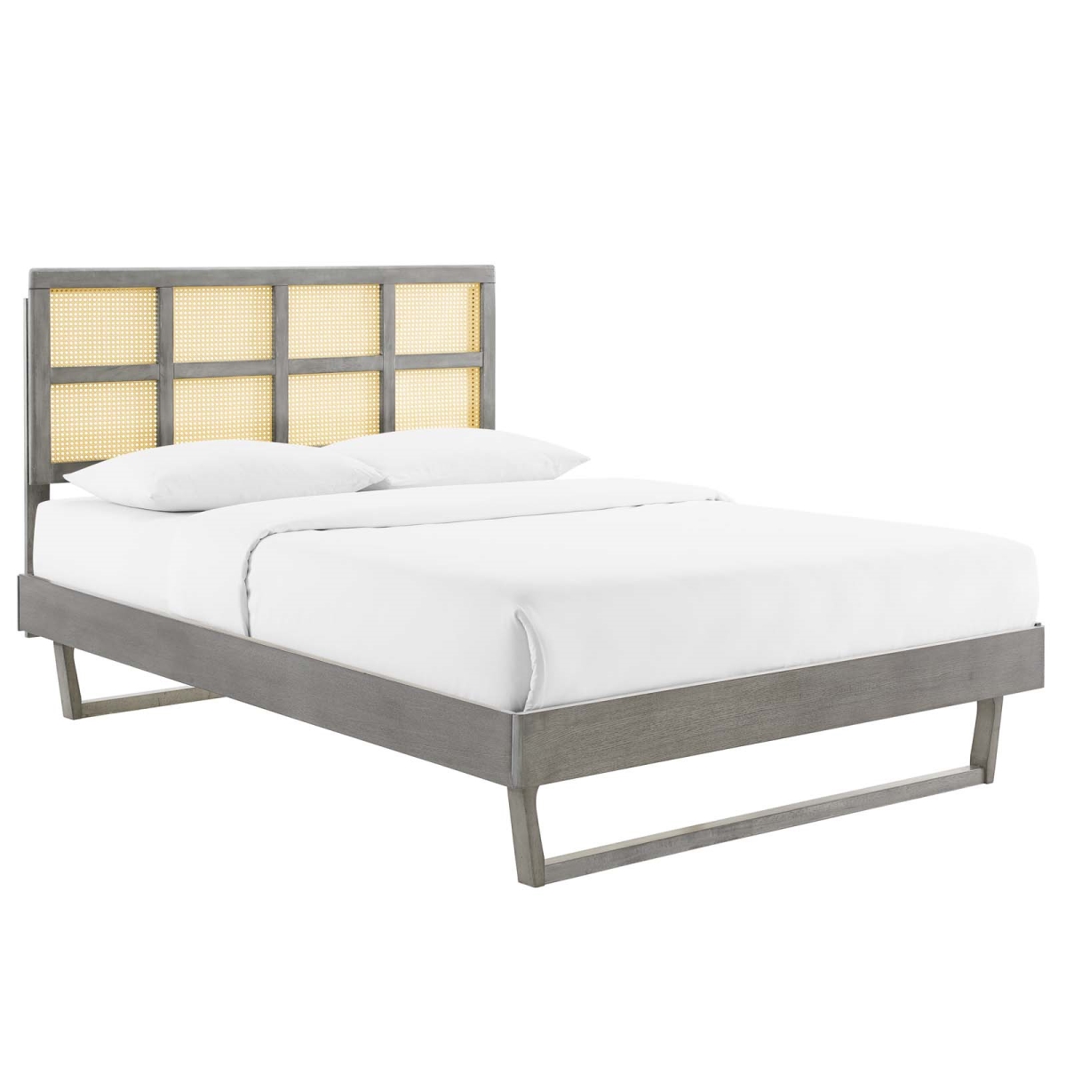 MOD-6369-GRY 84 in. Sidney Cane & Wood Platform Bed with Angular Legs, Gray - Queen Size