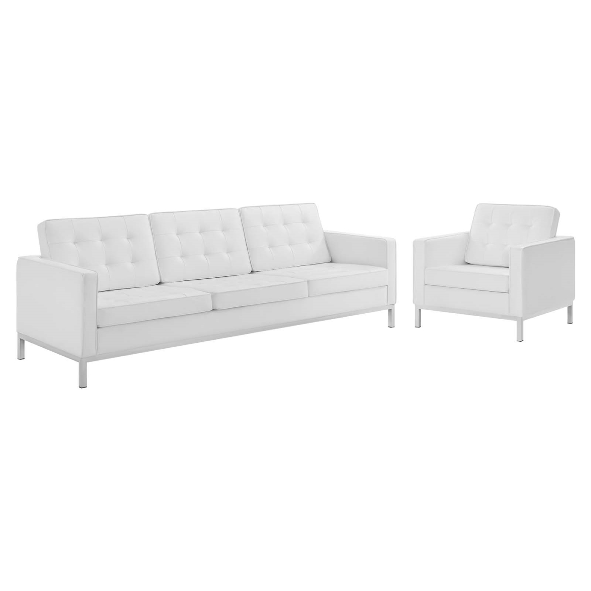 EEI-4104-SLV-WHI-SET Loft Tufted Upholstered Faux Leather Sofa & Armchair Set, Silver White - 2 Piece