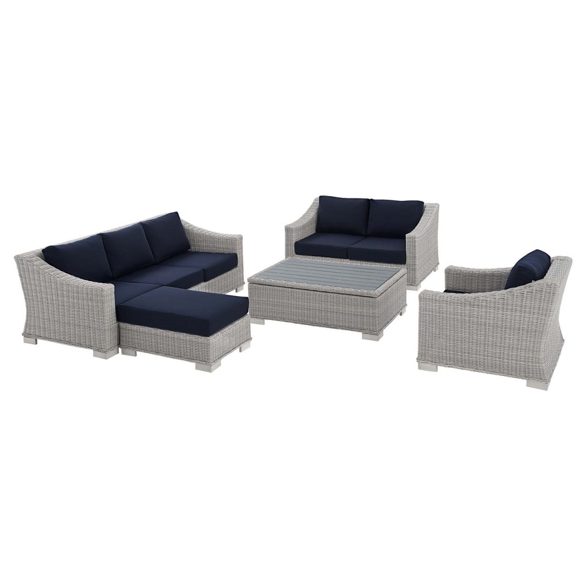 EEI-4356-LGR-NAV 127 in. Conway Sunbrella Outdoor Patio Wicker Rattan Conversation Set, Light Gray & Navy - 5 Piece -  Modway Furniture