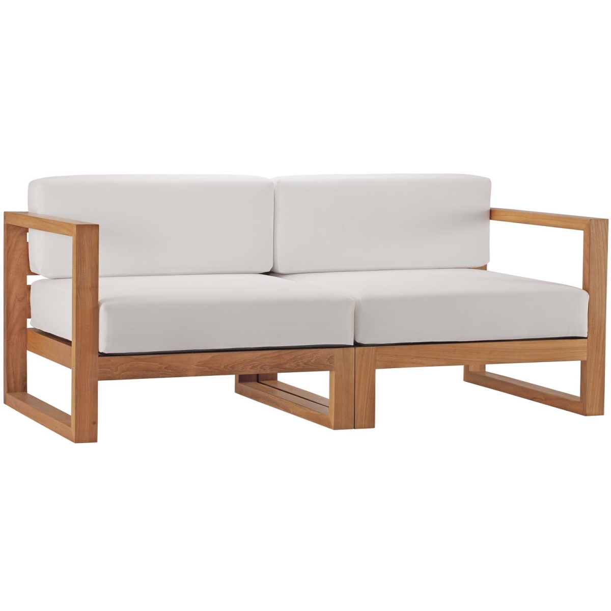 EEI-4256-NAT-WHI-SET Upland Outdoor Patio Teak Wood Sectional Sofa Loveseat, Natural & White - 2 Piece