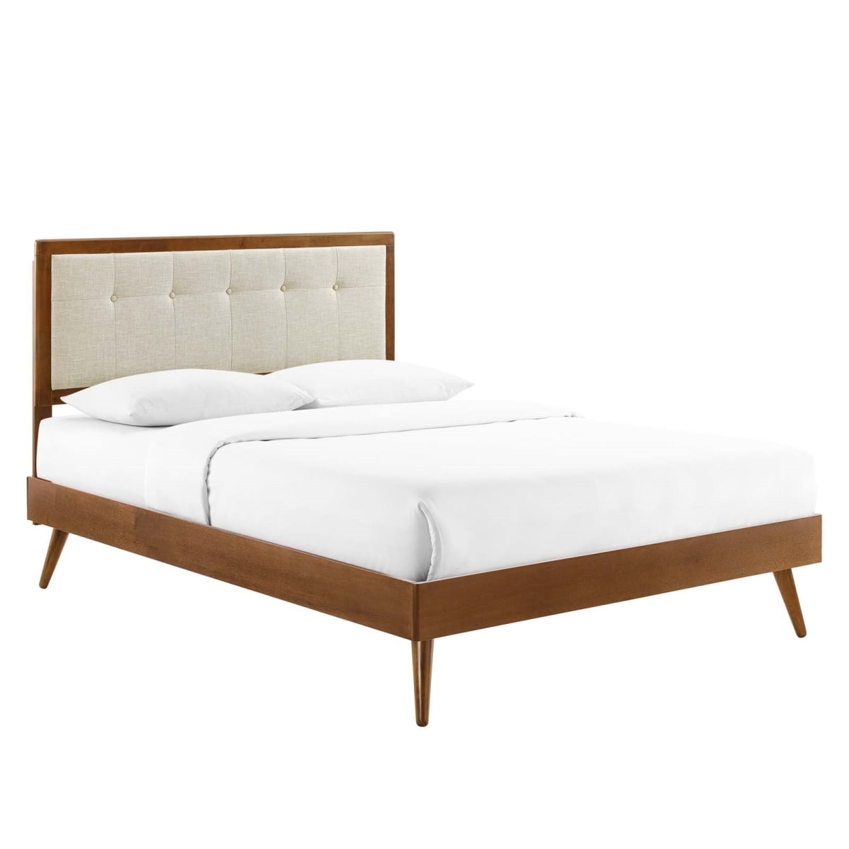 MOD-6385-WAL-BEI Willow Wood Platform Bed with Splayed Legs, Walnut & Beige - Queen Size
