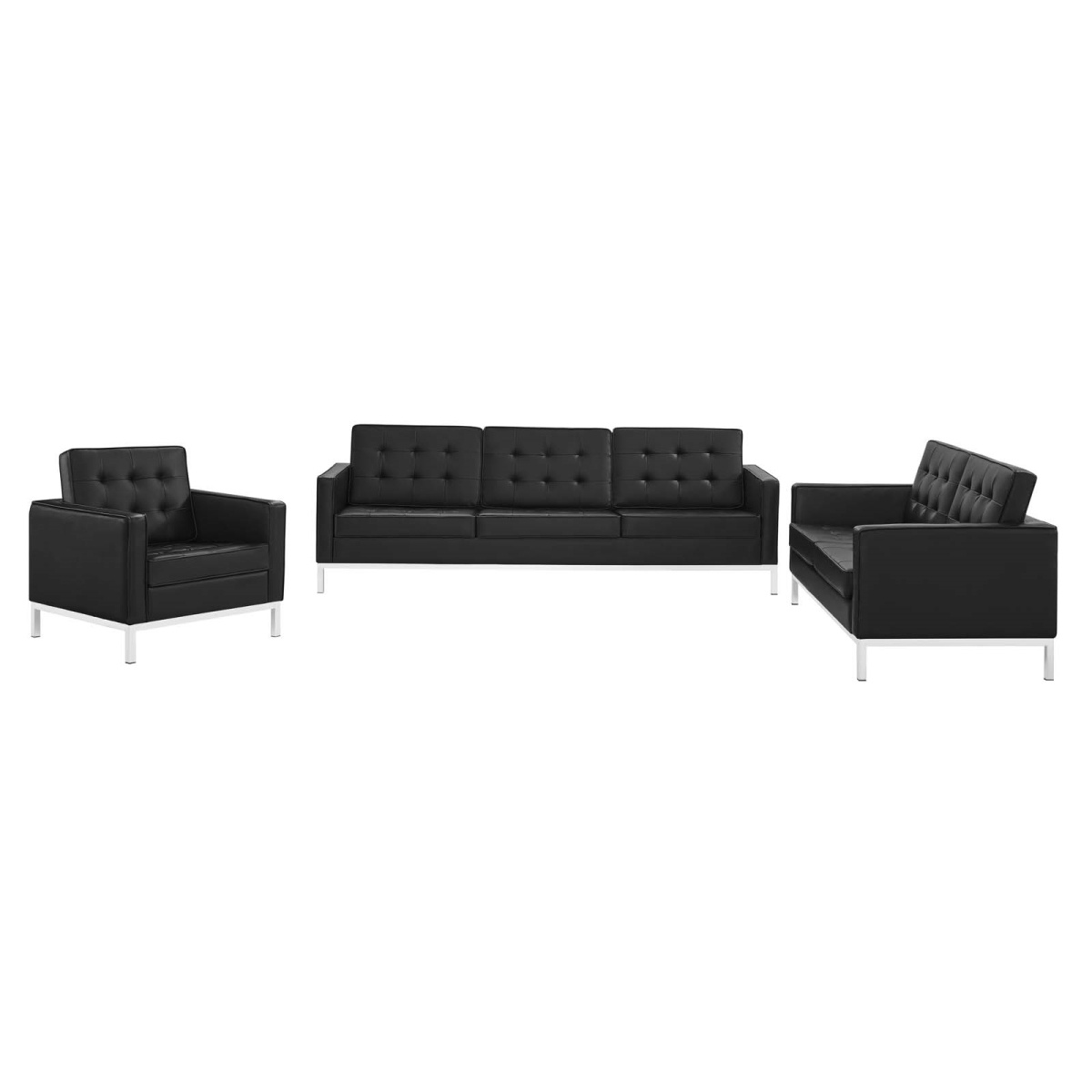 EEI-4107-SLV-BLK-SET Loft Tufted Upholstered Faux Leather Set, Silver & Black - 3 Piece