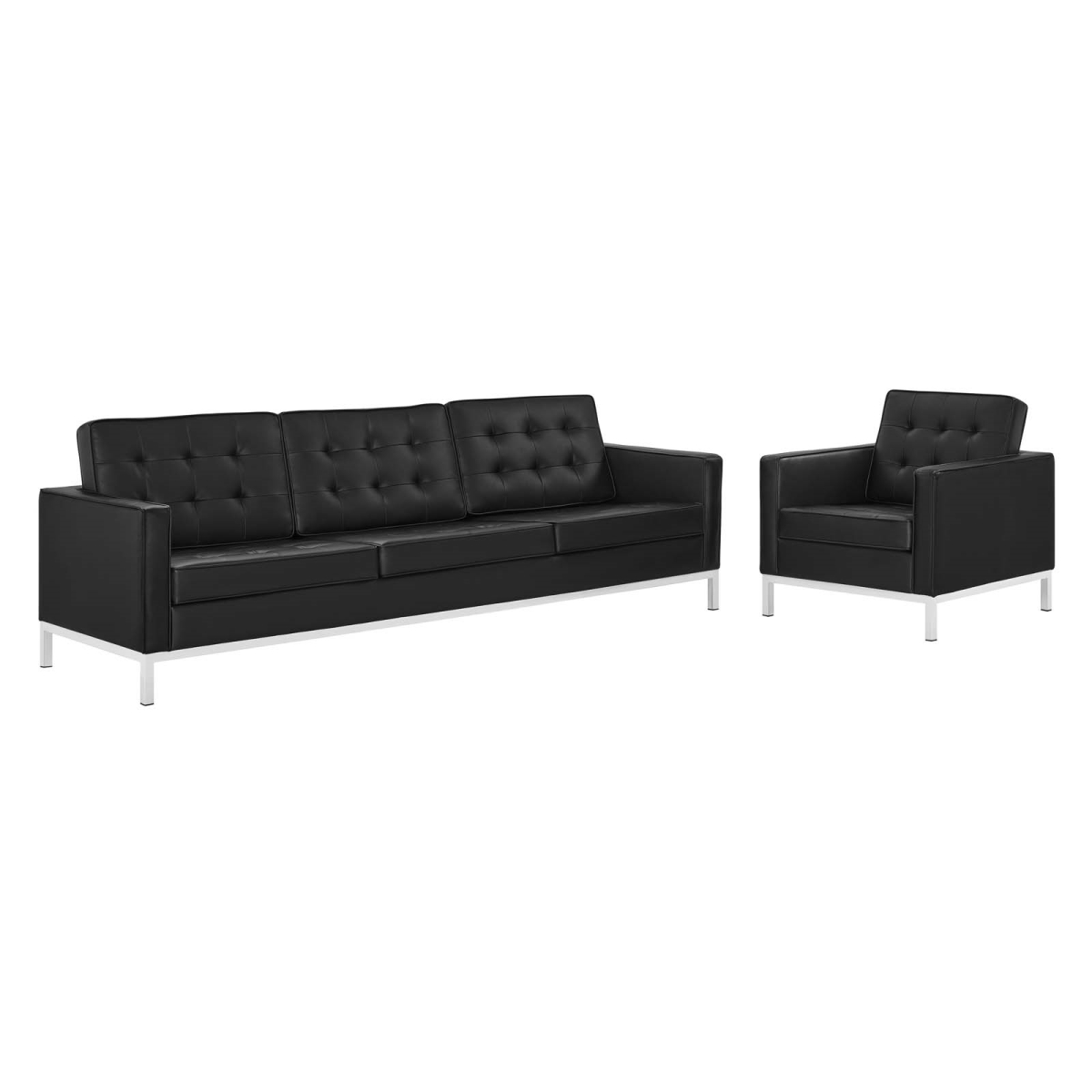 EEI-4104-SLV-BLK-SET Loft Tufted Upholstered Faux Leather Sofa & Armchair Set, Silver Black
