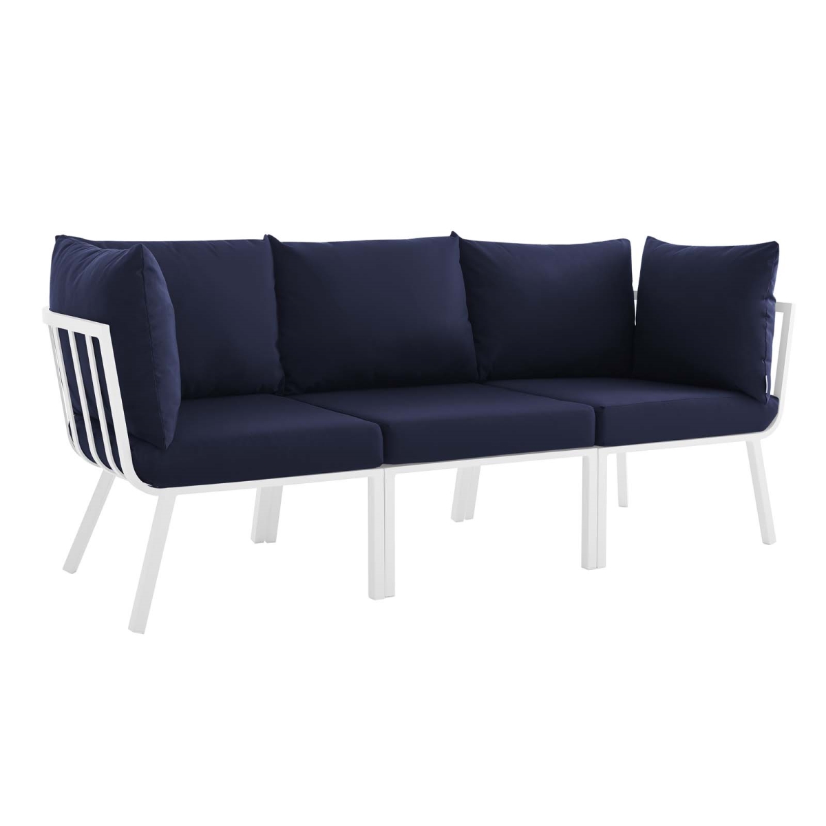 EEI-3782-WHI-NAV Riverside Outdoor Patio Aluminum Sectional Sofa Set, White & Navy - 3 Piece